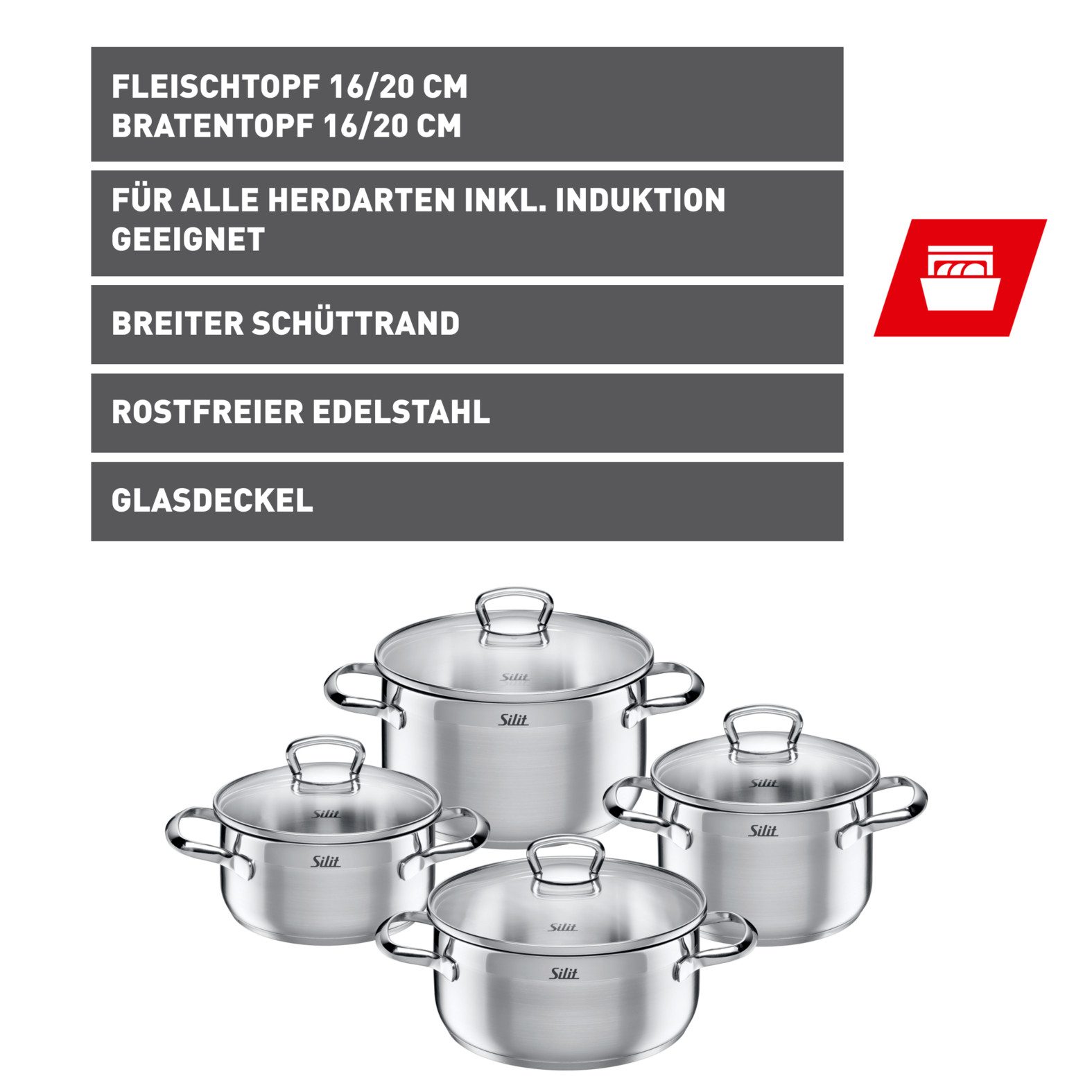 Silit Pannenset Toskana inductie, kookpan set met glazen deksel, gedeeltelijk gematteerd Inductiepannen set, geschikt voor alle soorten fornuizen, zonder schaalverdeling (set, 8-delig)