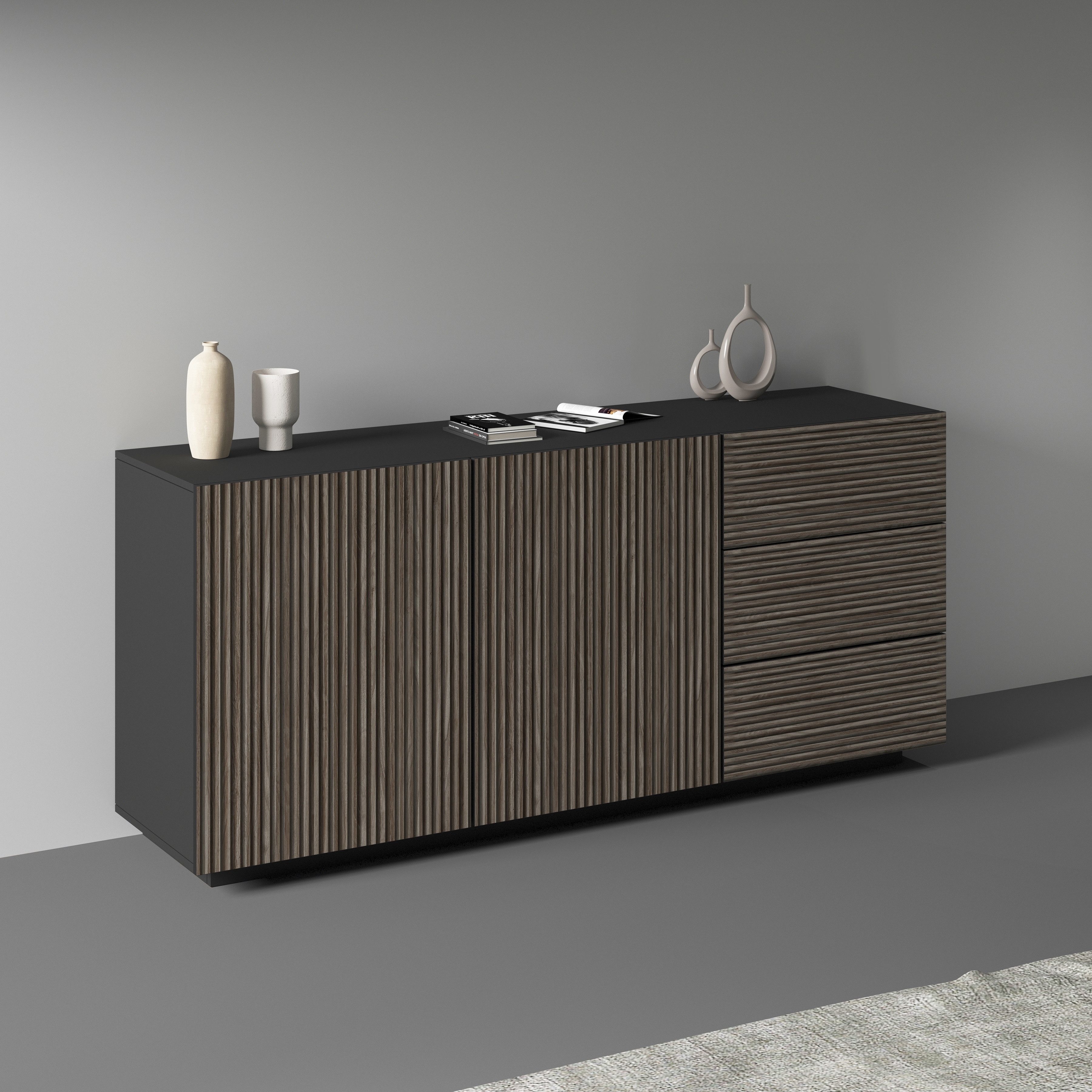 INOSIGN Dressoir Vega Sideboard, Ladekast, 180 cm met 2 deuren en 3 lades, fronten met groeflook