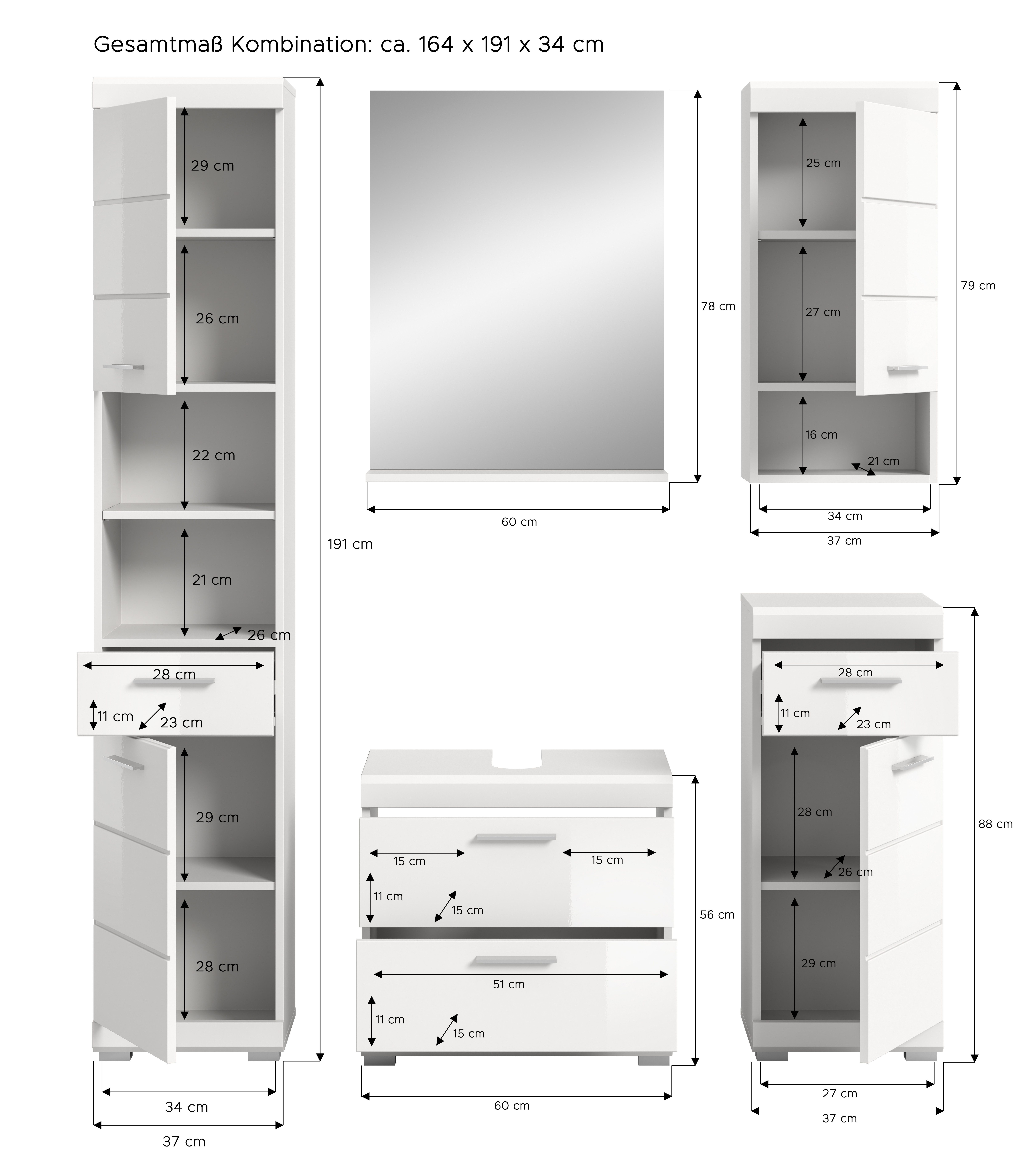 INOSIGN Badmeubelset Siena, 5-delig, bestaande uit: Hoge kast, WBU, spiegel, onderkast, hangkast (set, 5 stuks)