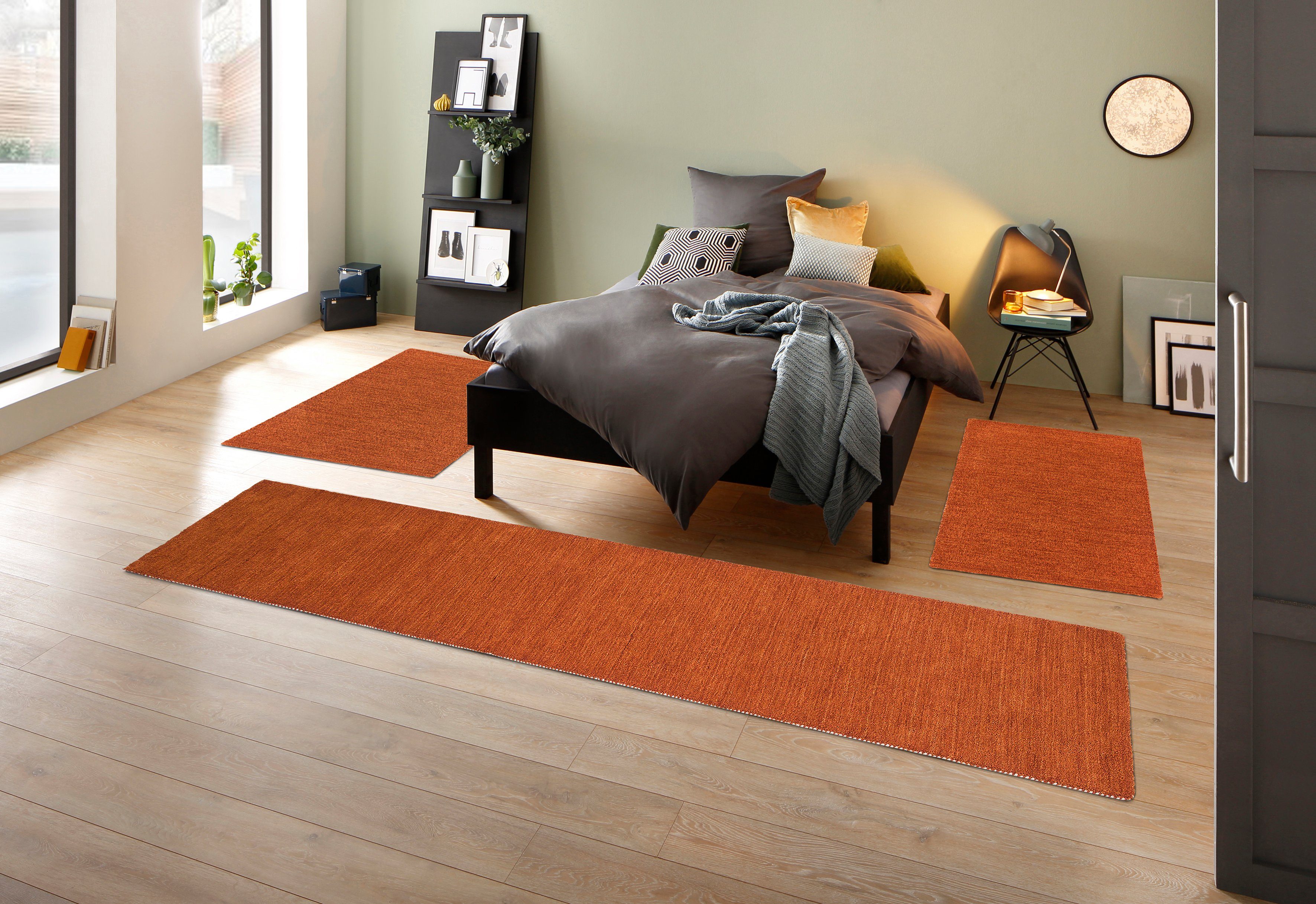 THEKO Set slaapkamerkleedjes Gabbeh uni, handgeweven tapijt, gemêleerd, 100% wol Slaapkamerkleed, unikleuren, met de hand geweven, loper-set, slaapkamer