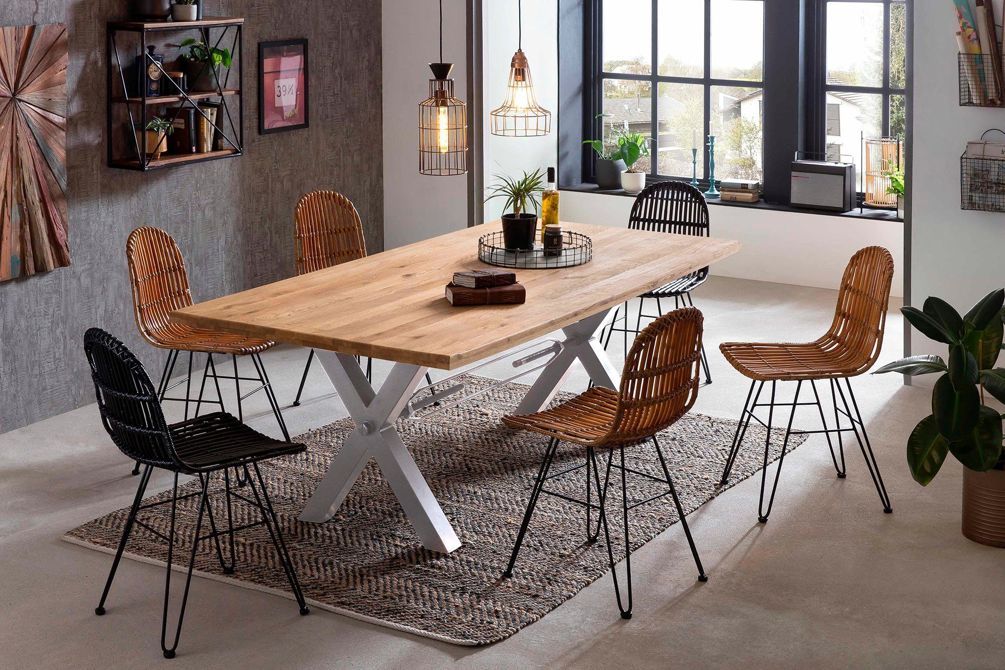 SIT Eettafel X-frame in industriële antiek-look eettafels maat 180 cm x 76 cm x 100 cm beige