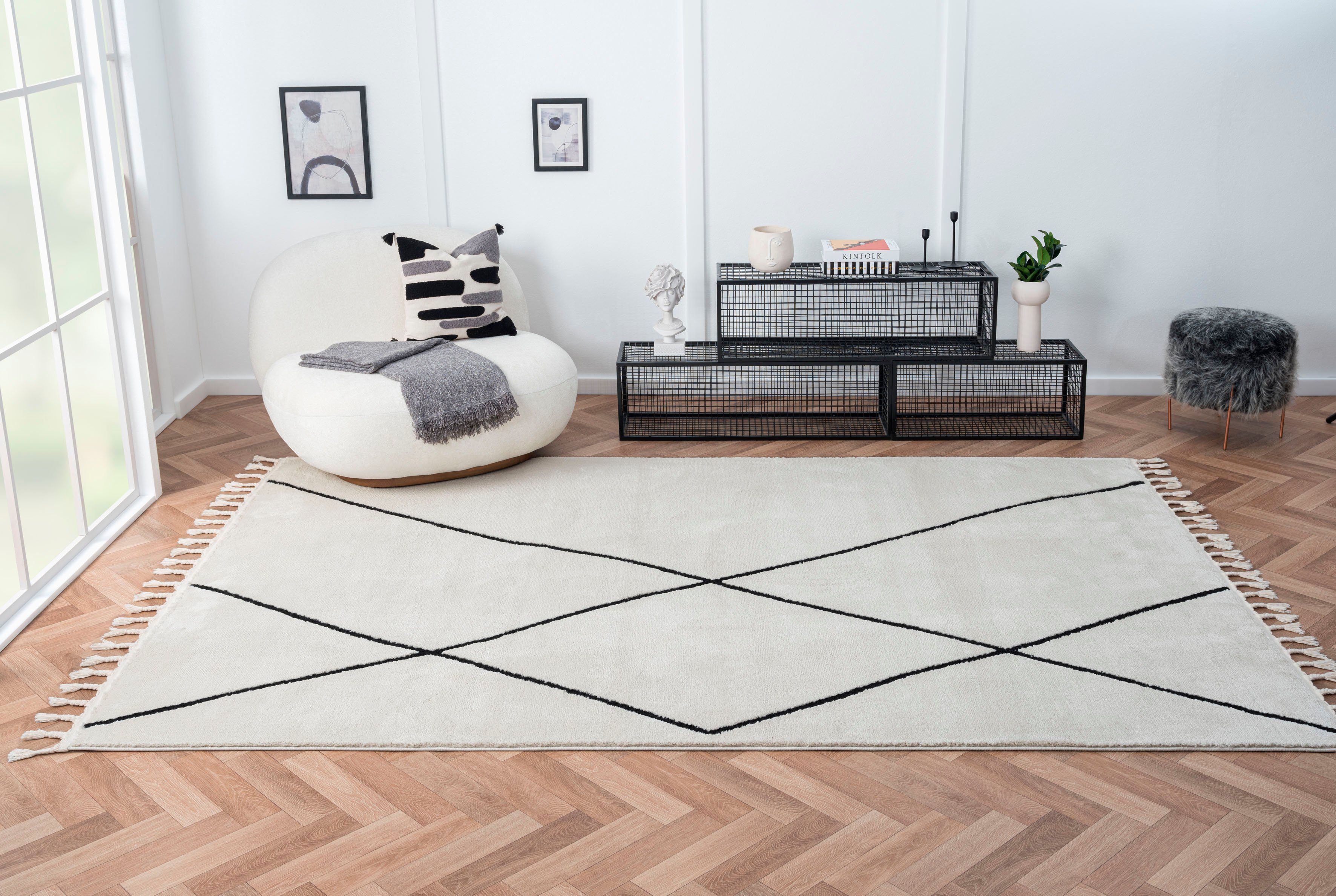 Myflair Möbel & Accessoires Hoogpolig vloerkleed Moroccan Signature modern, marokkaans ontwerp, ruitenpatroon, zacht, met franjes
