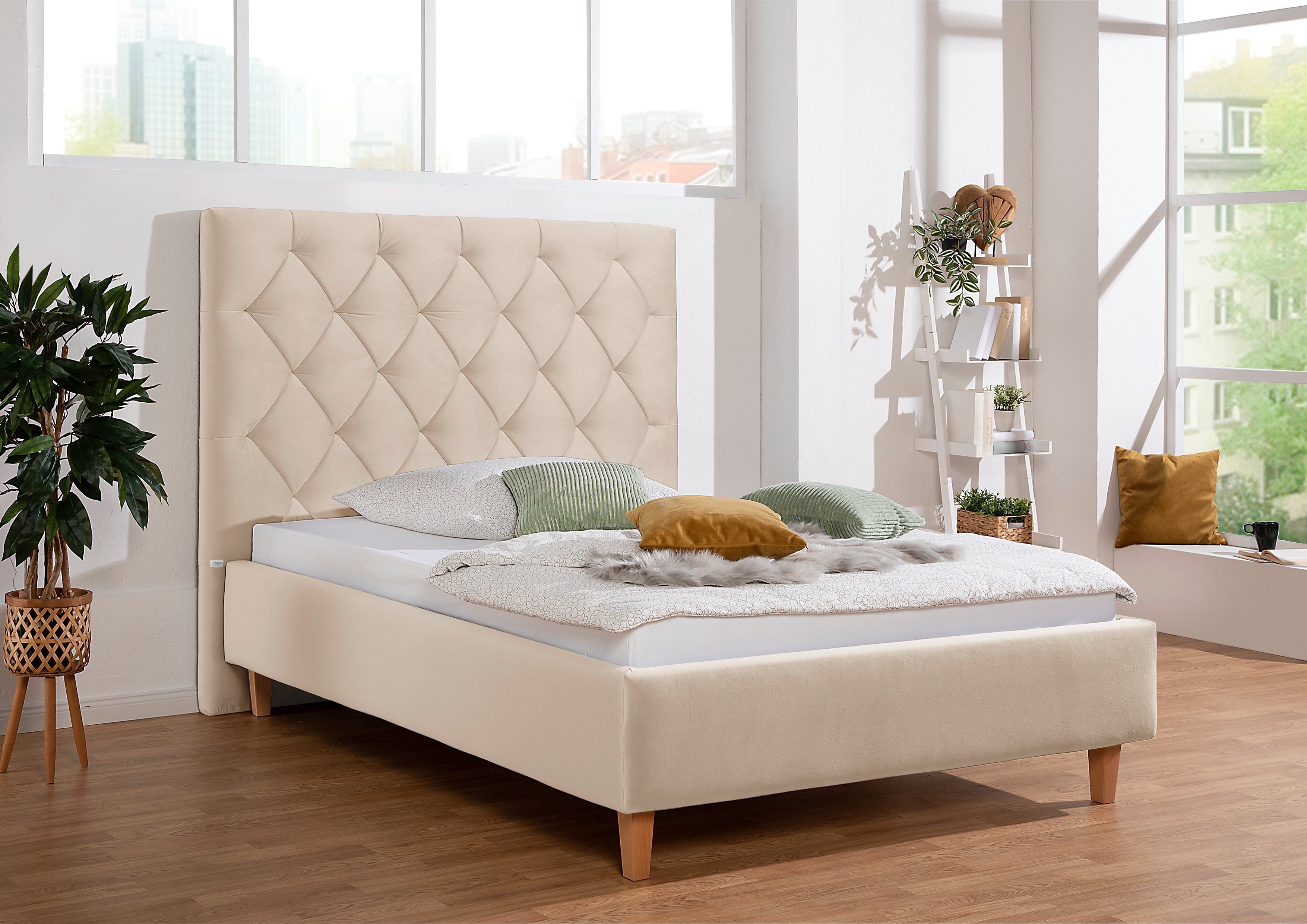 Home affaire Gestoffeerd bed Sunley 140 Kruisstiksel, hoofdbordhoogte 142 cm, zonder of met matras/lattenbodem