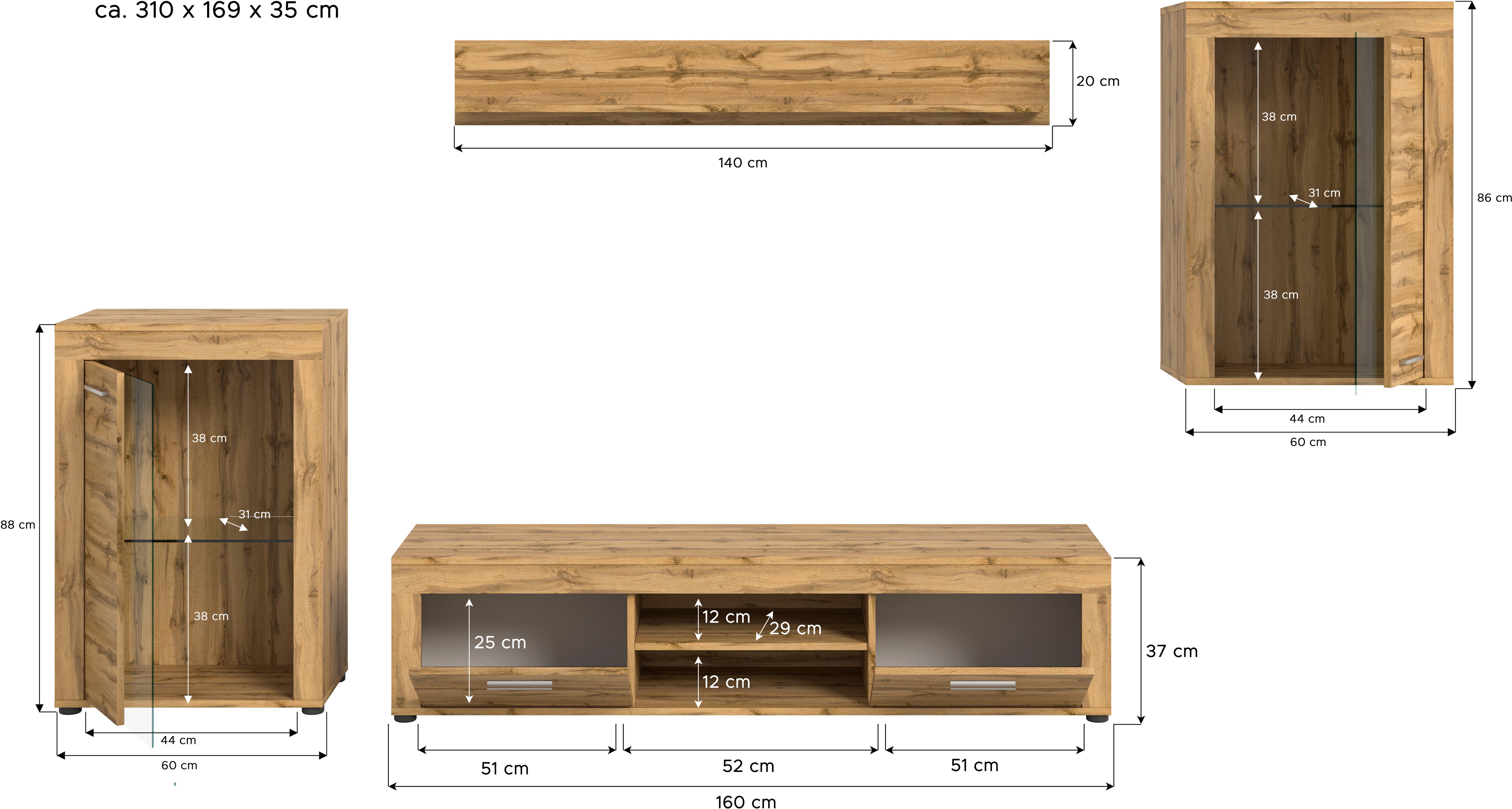 INOSIGN Wandmeubel Aosta, 4-delig, bestaande uit: 2x vitrinekast, lowboard & wandplank (4-delig)