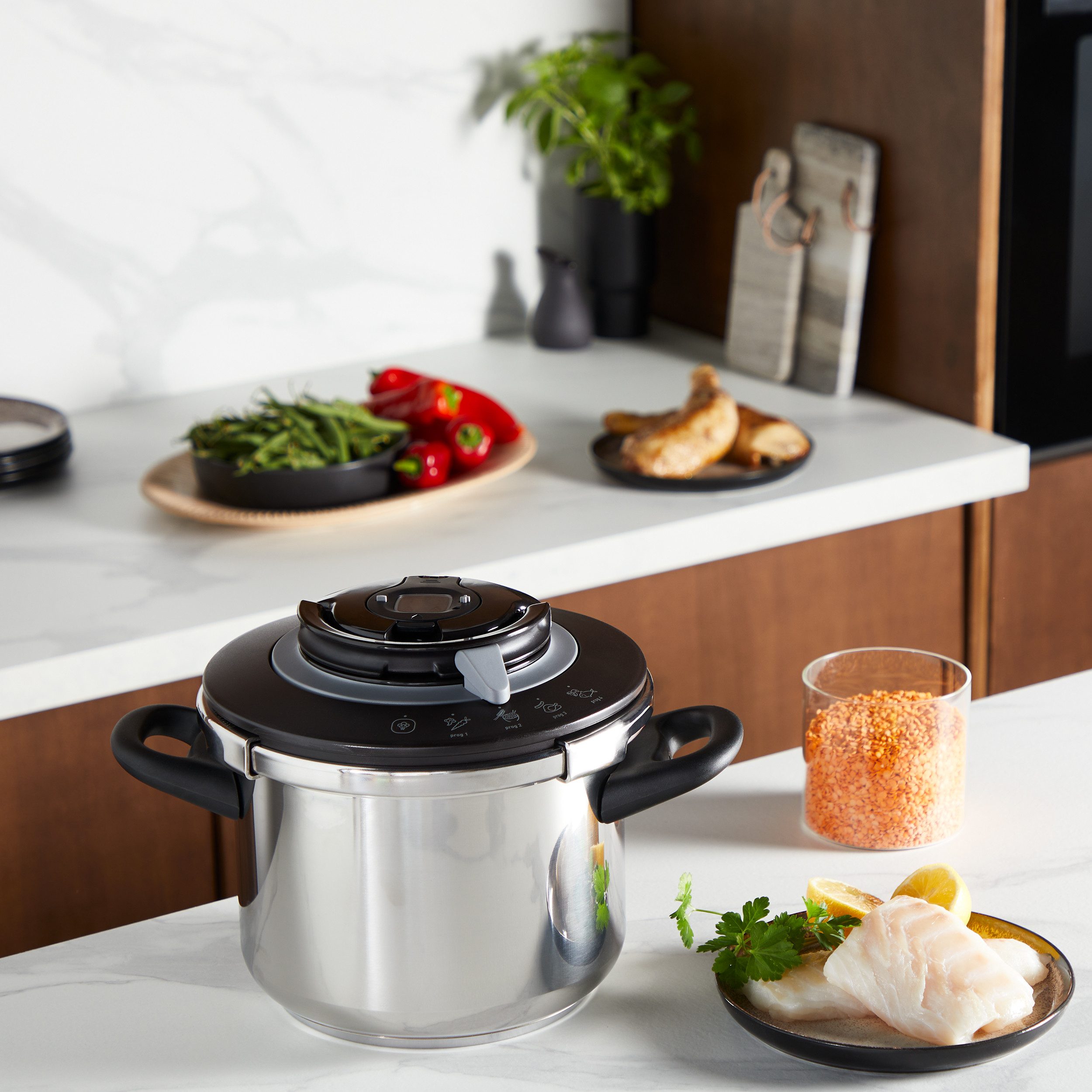 Tefal Snelkookpan Clipso+ CHEF, 6 liter snelkookpan 4 kookprogramma’s, 6 veiligheidsniveaus, afneembare timer
