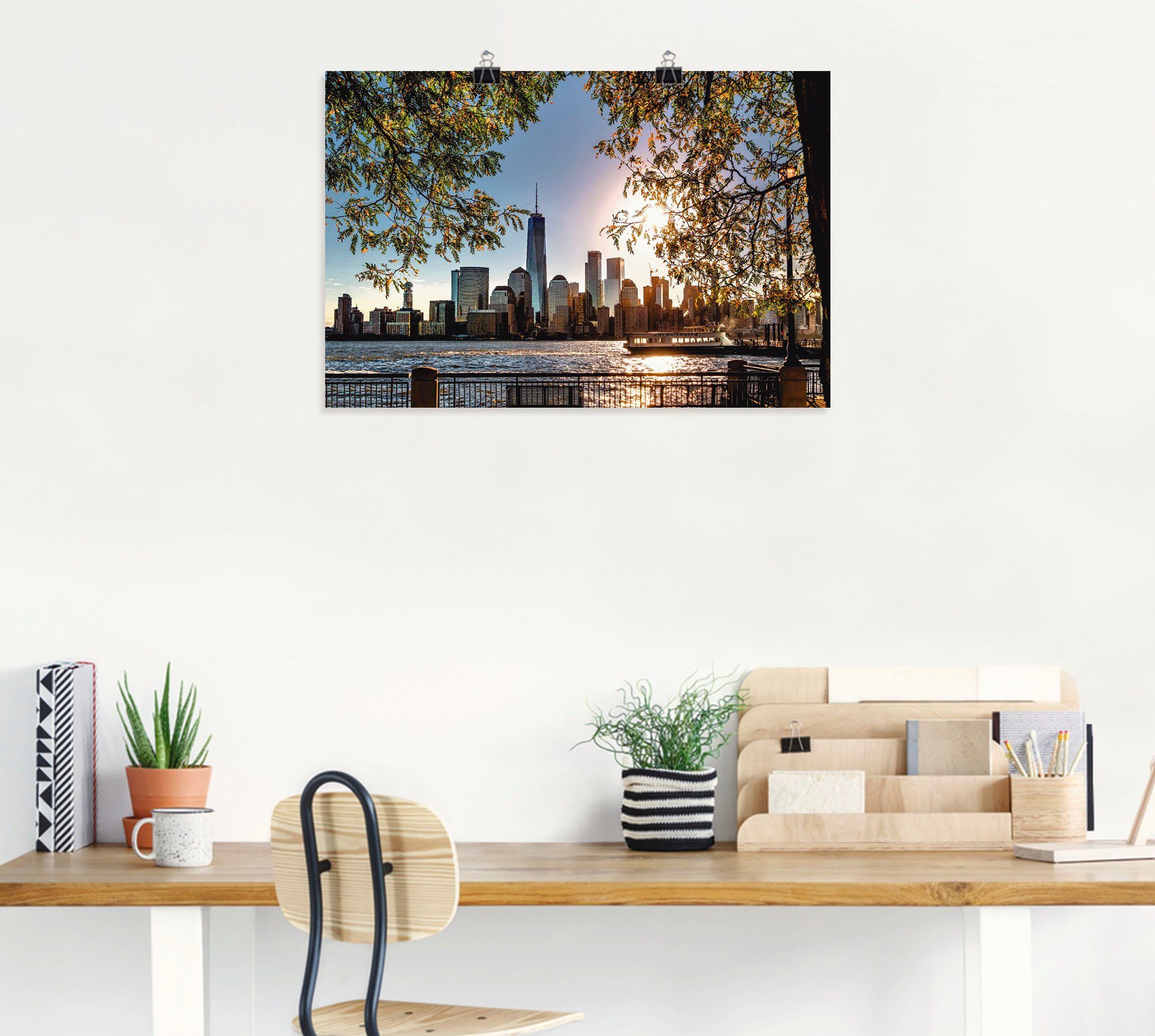 Artland Artprint Zonsopkomst boven New York als artprint van aluminium, artprint voor buiten, artprint op linnen, poster, muursticker