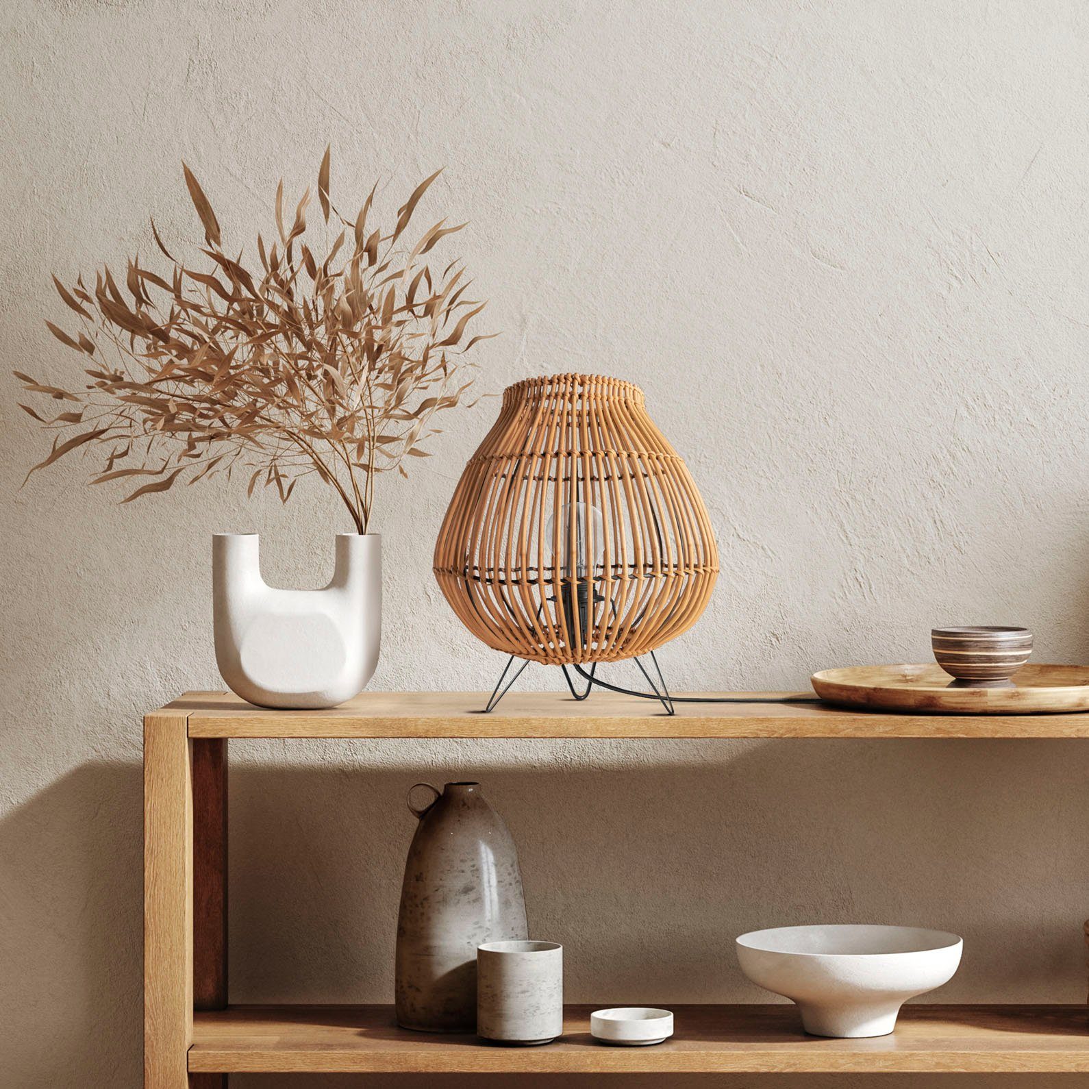 Paco Home Tafellamp PURI Rattan mandlamp nacht LED driepoot Boho E27