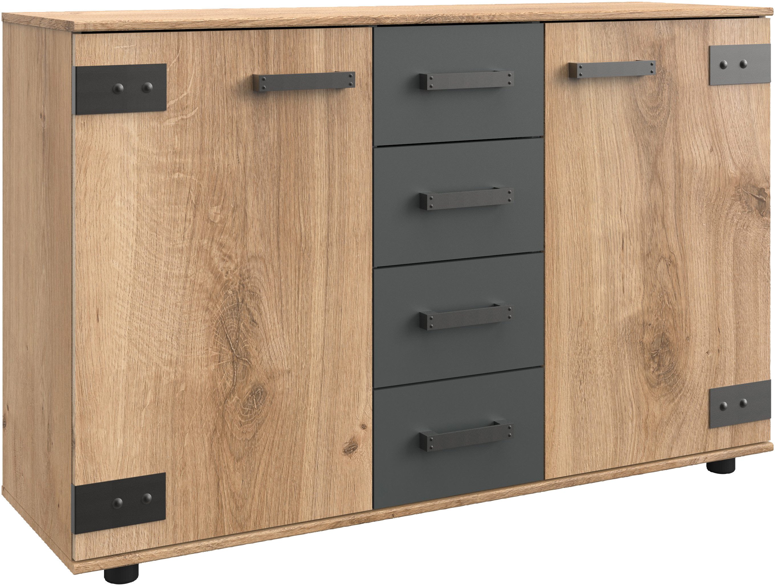 Wimex Kast met laden en deuren Stockholm sideboard kast, Made in Germany Industrieel look, 2-deurs met 4 lades, 130x41x83 cm commodes & ladekasten