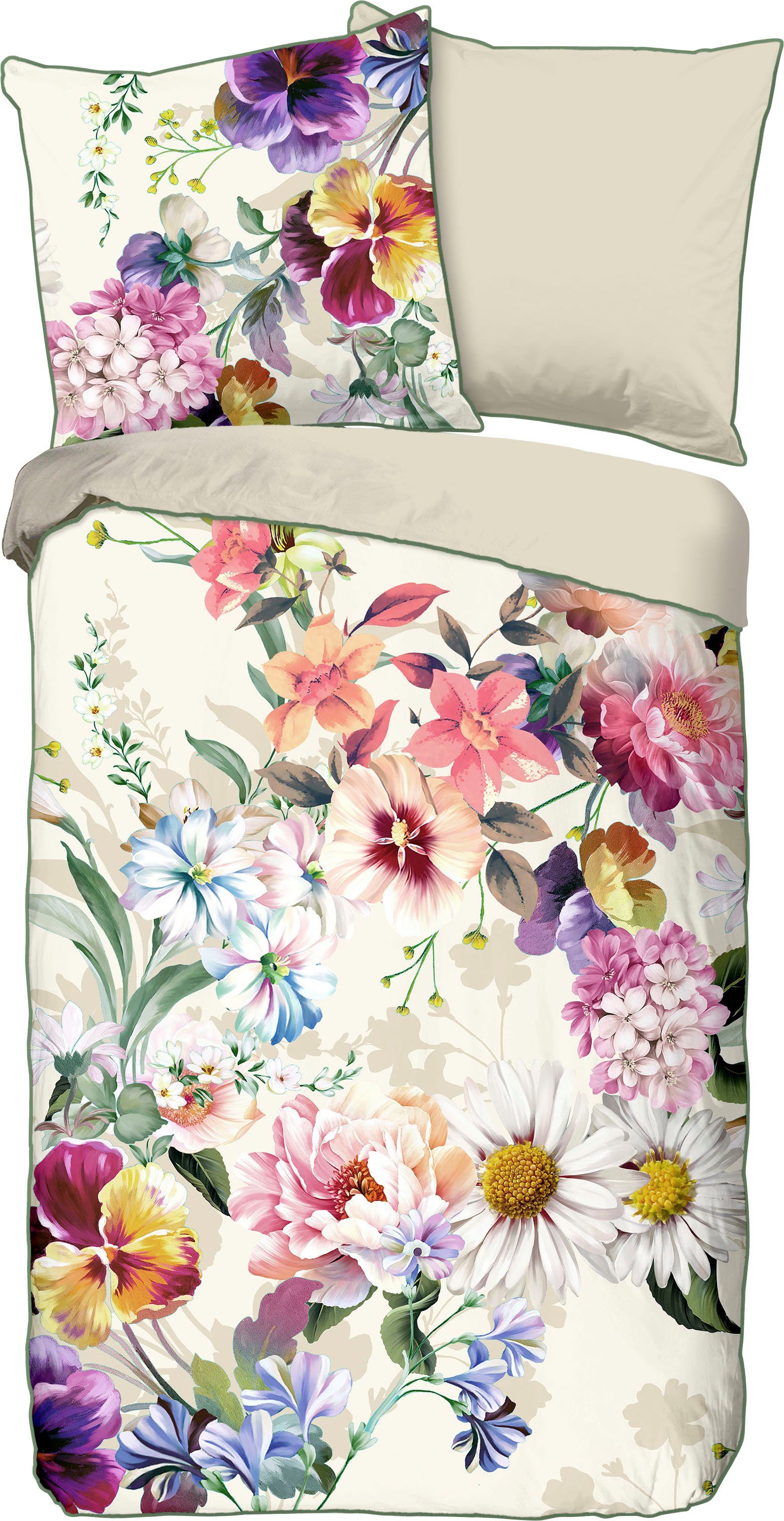 Descanso Tweezijdig te gebruiken overtrekset NOVARA Katoen, Satijn, 135x200, Bies, Rits, Omkeerbaar, Bloemen, Natuur dekbedovertrekken beige