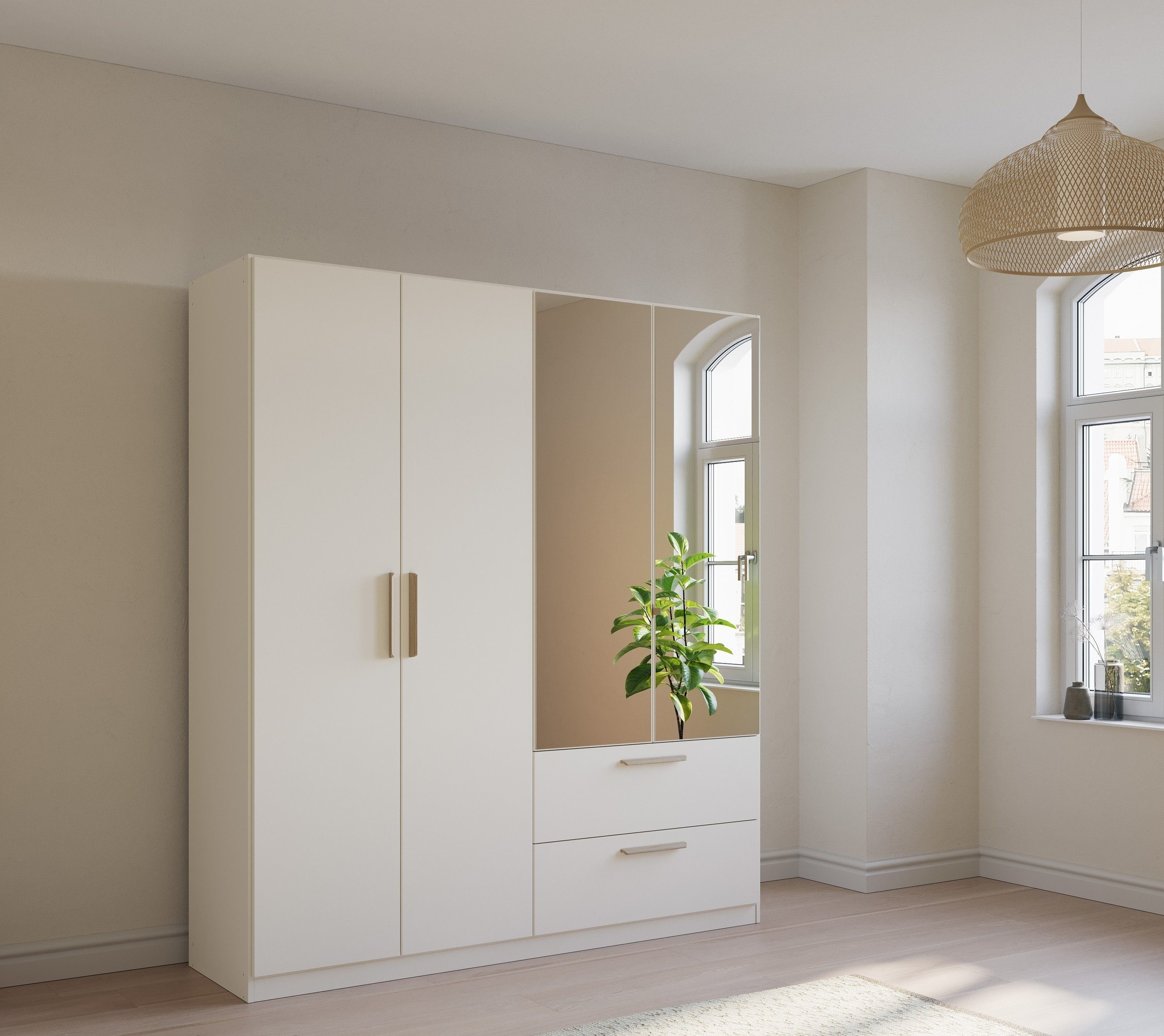 rauch Kledingkast Skandi by Quadra Spin Slaapkamerkast in landelijke stijl met massief houten grepen, met laden en spiegel