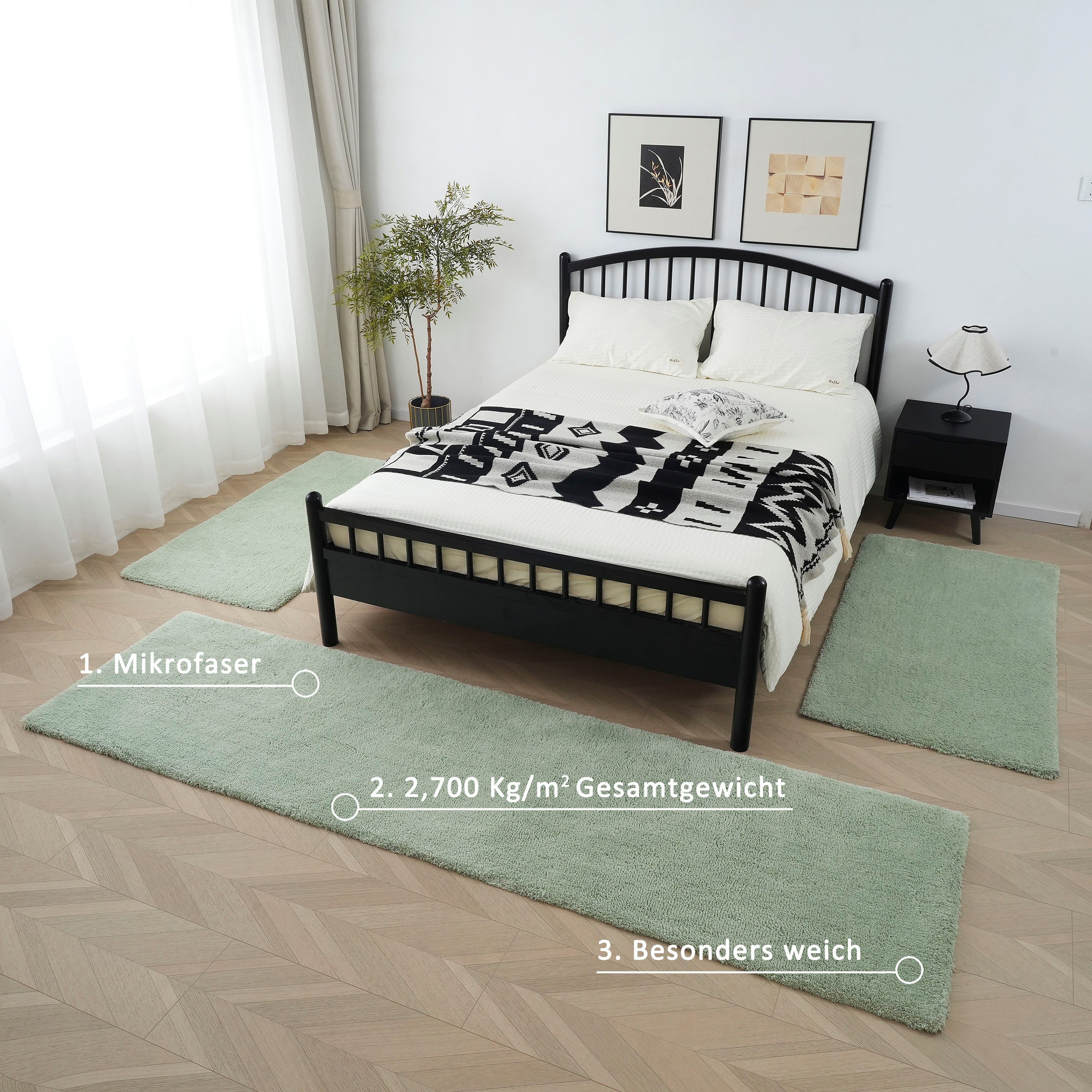 my home Set slaapkamerkleedjes met hoge pool Microvezeltapijt Magong, bijzonder zacht, zeer fijne pool uni, unikleurig slaapkamerkleed, loperset, slaapkamer, kinderkamer