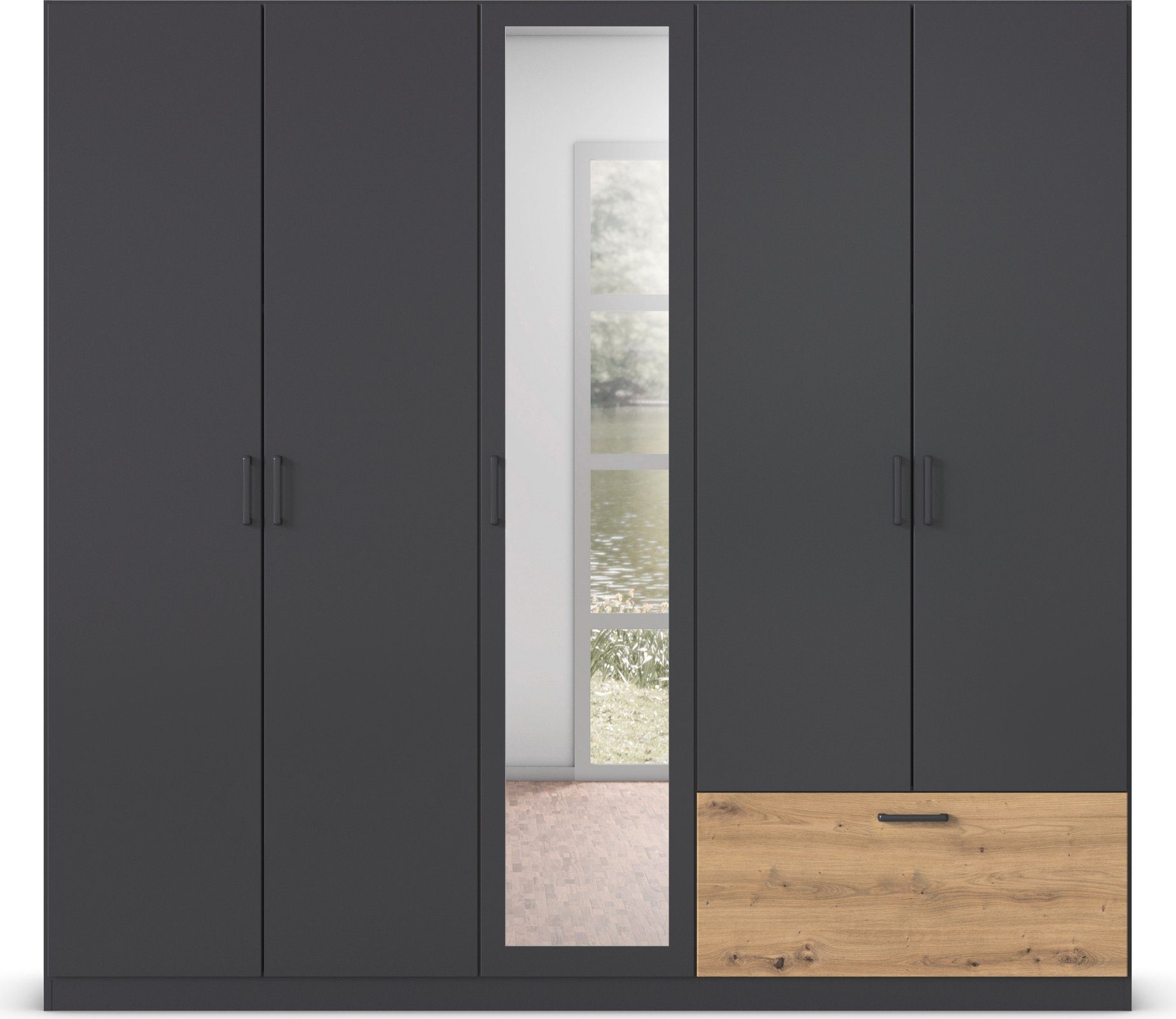 rauch Draaideurkast Kledingkast kast garderobe waskast BARI met spiegel met lades aan de buitenkant, moderne greep in grijs metallic made in germany