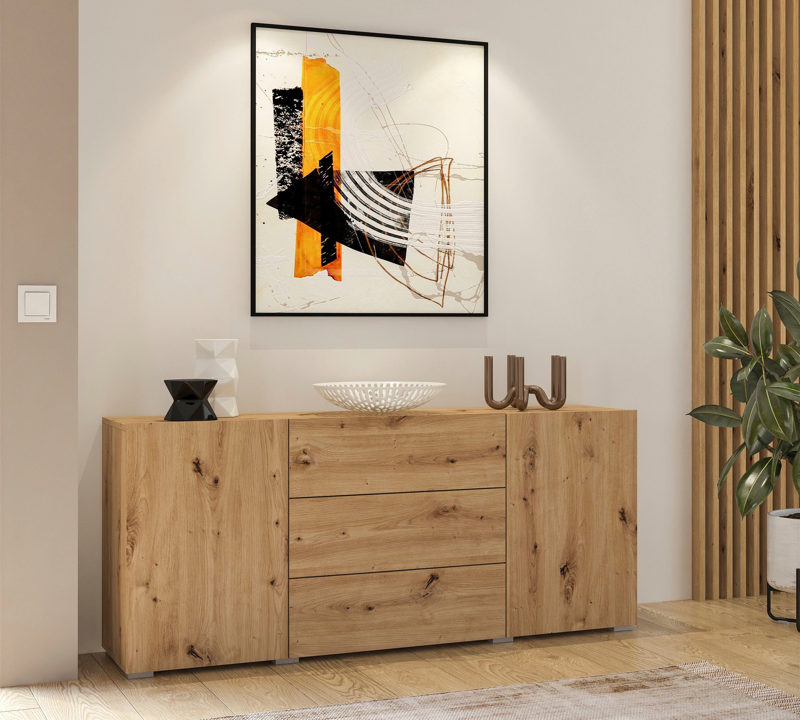 INOSIGN Dressoir Ava, breedte 140 cm, hangend en staand te monteren moderne grepless commode, ladekast, 2 deuren/3 lades