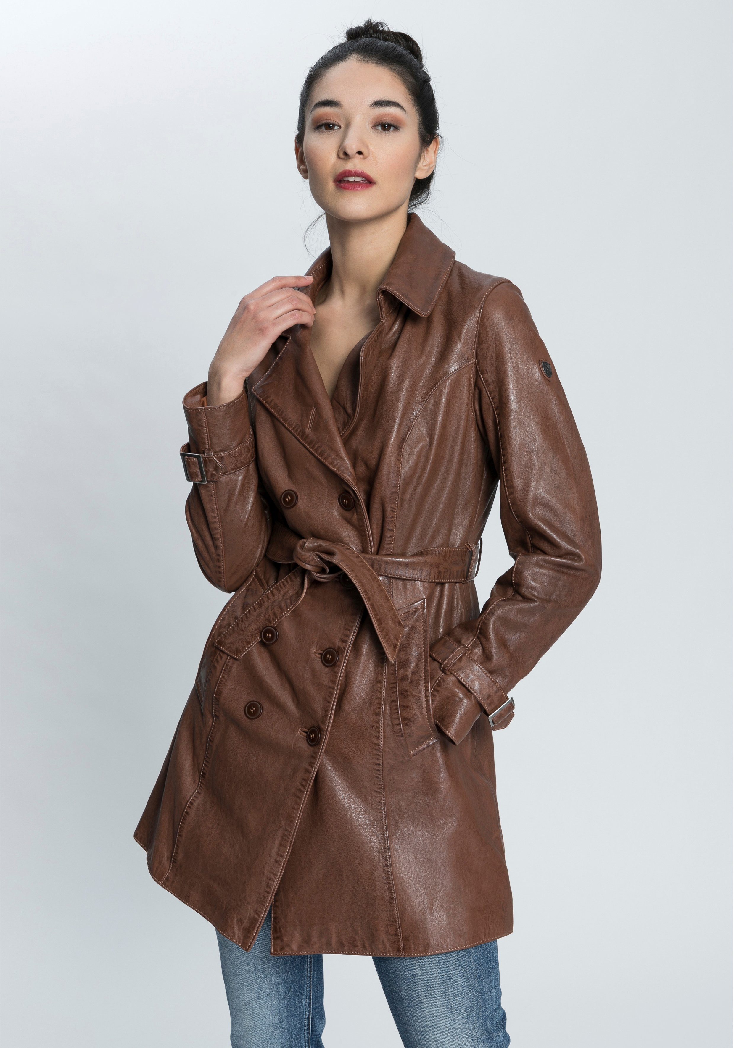 Gipsy Lange, leren jas Taresa Leren trenchcoat met strikriem (2-delig, Met een bindceintuur)