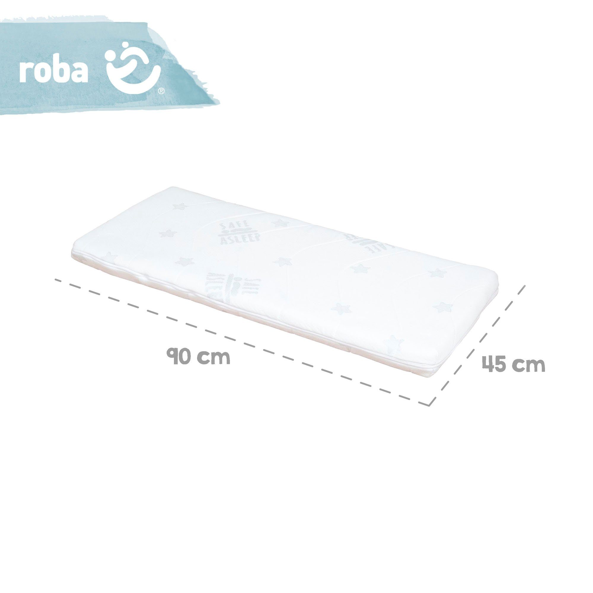 Roba® Wieg Safe Asleep® 2-in-1, wit, sterrenhemel grijs met 4 wieltjes, matras, hoofdbeschermer en veiligheidsbarrière