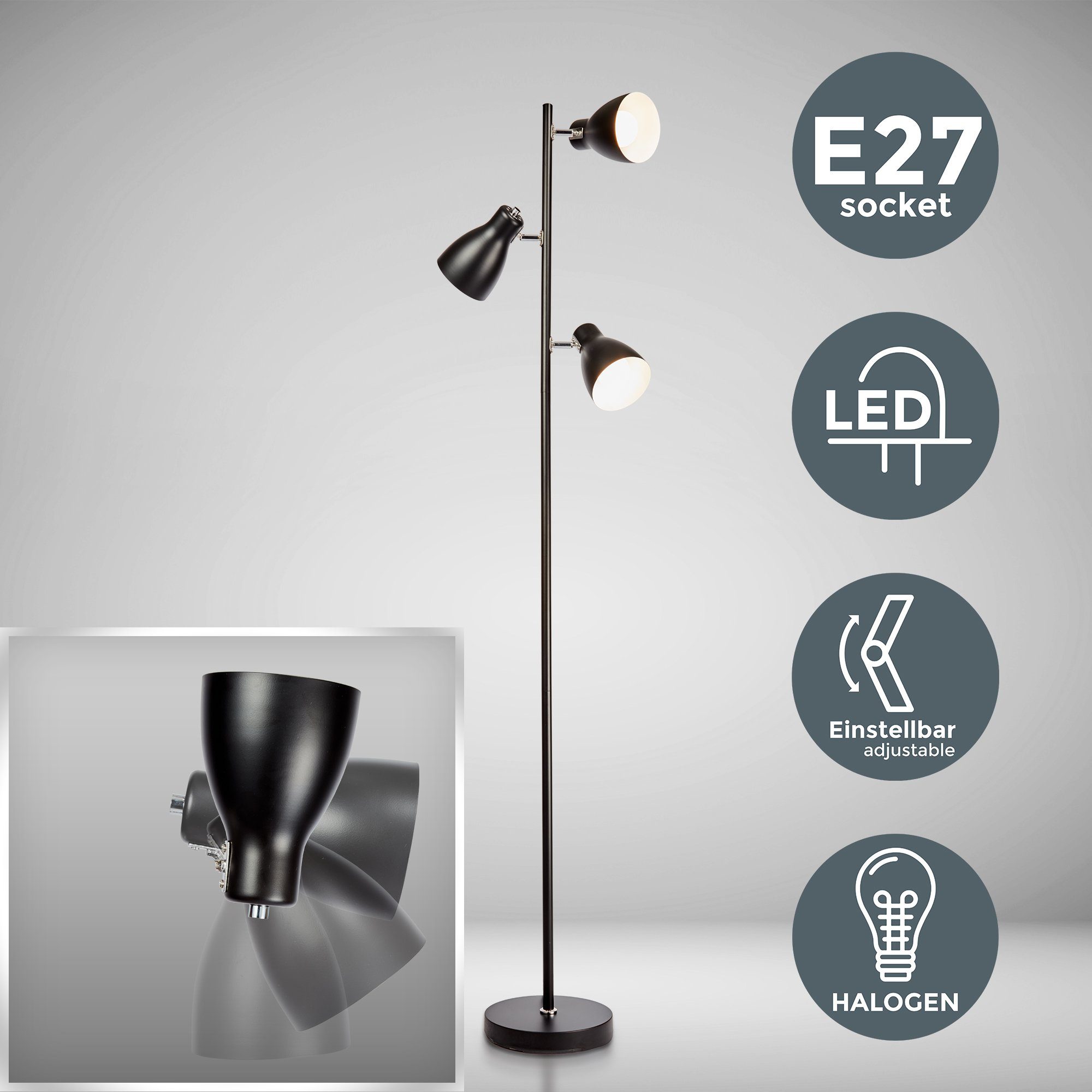 B.K.Licht Staande lamp Vloerlamp, metaal, plafondflitser, lamp, draaibaar, E27, zwart