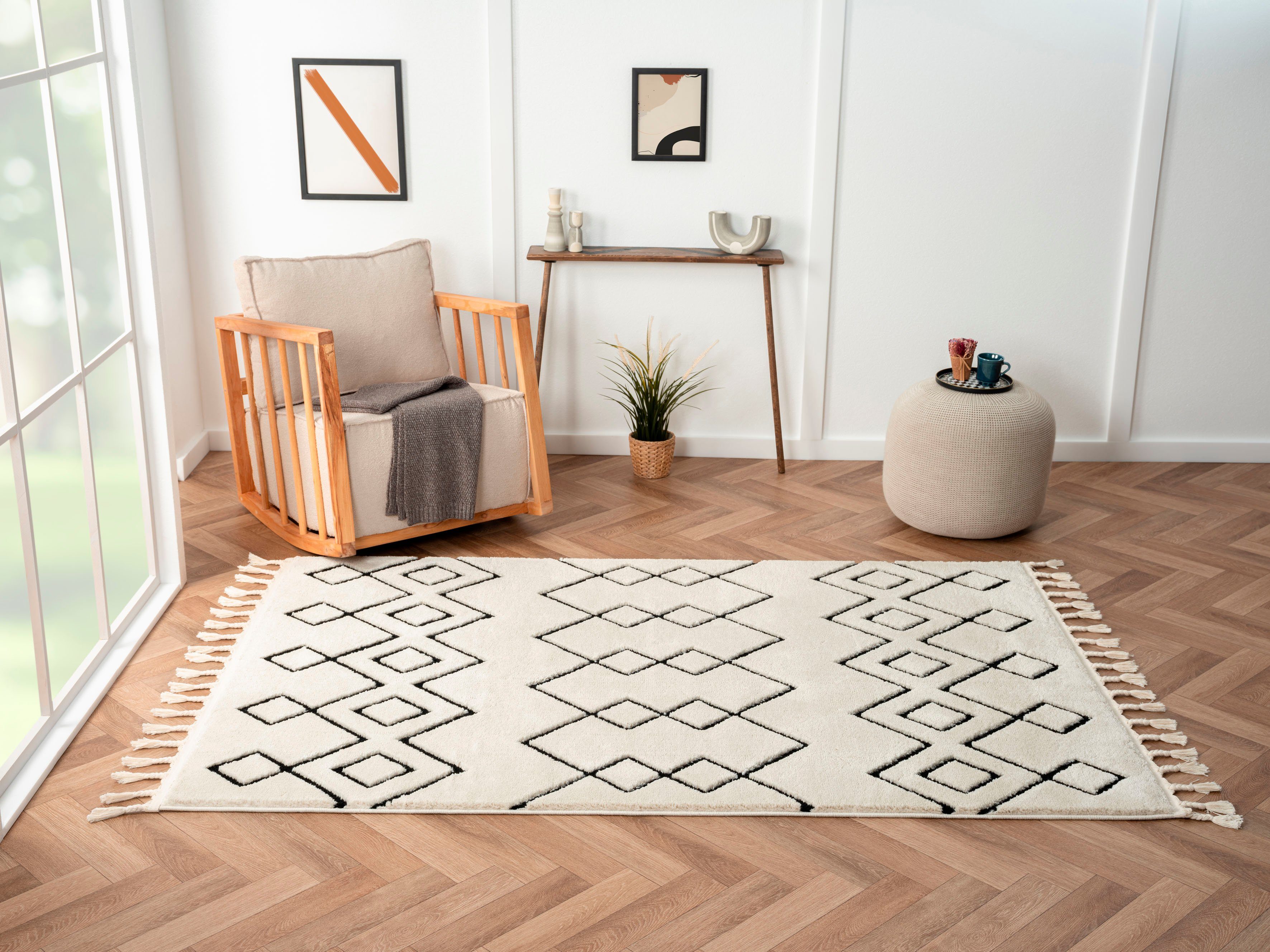 Myflair Möbel & Accessoires Hoogpolig vloerkleed Moroccan Mural modern, marokkaans ontwerp, fluffy zacht, met franjes