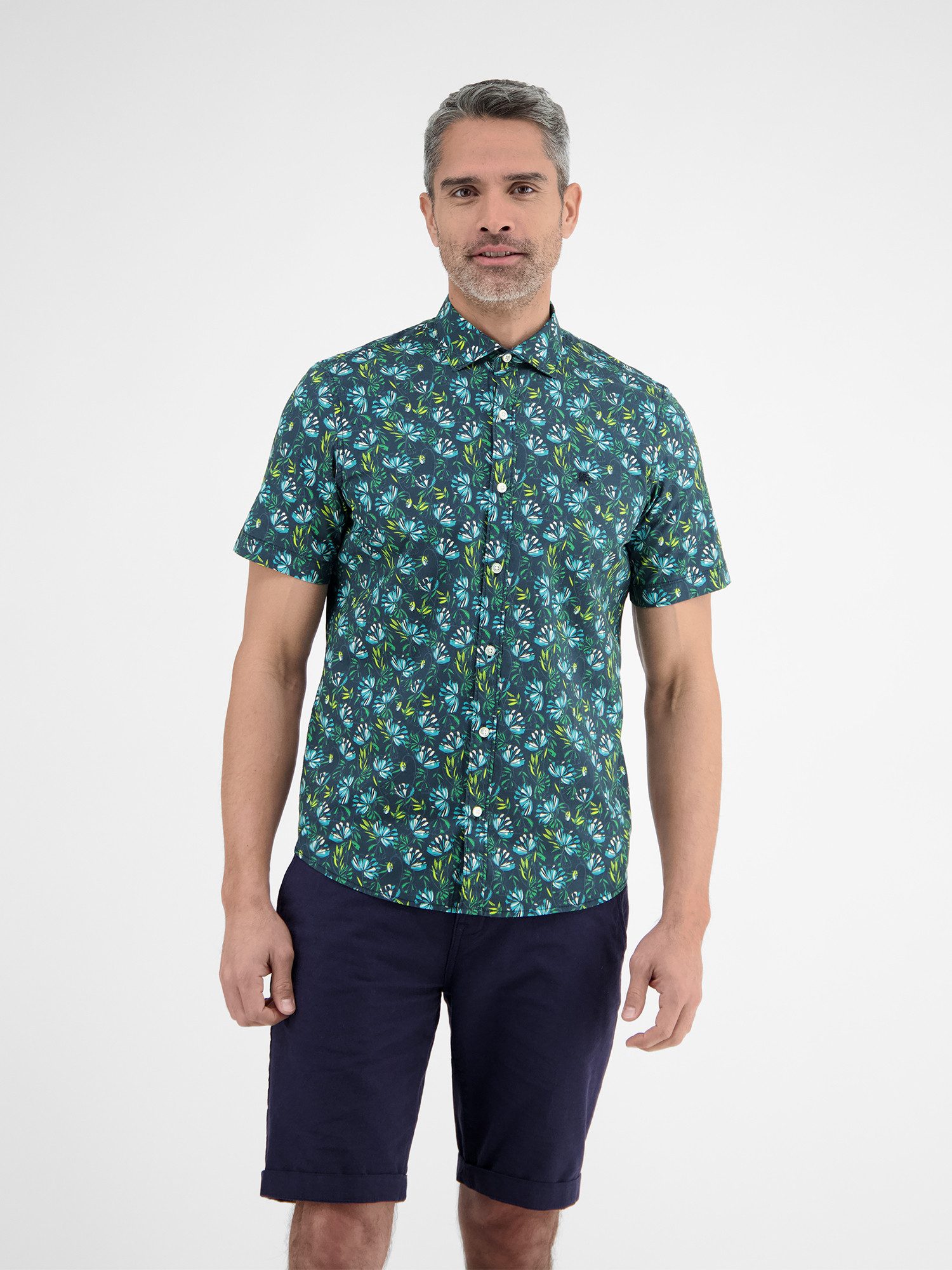 Lerros Overhemd met korte mouwen LERROS Heren poplin-stretch overhemd, bloemig gedessineerd