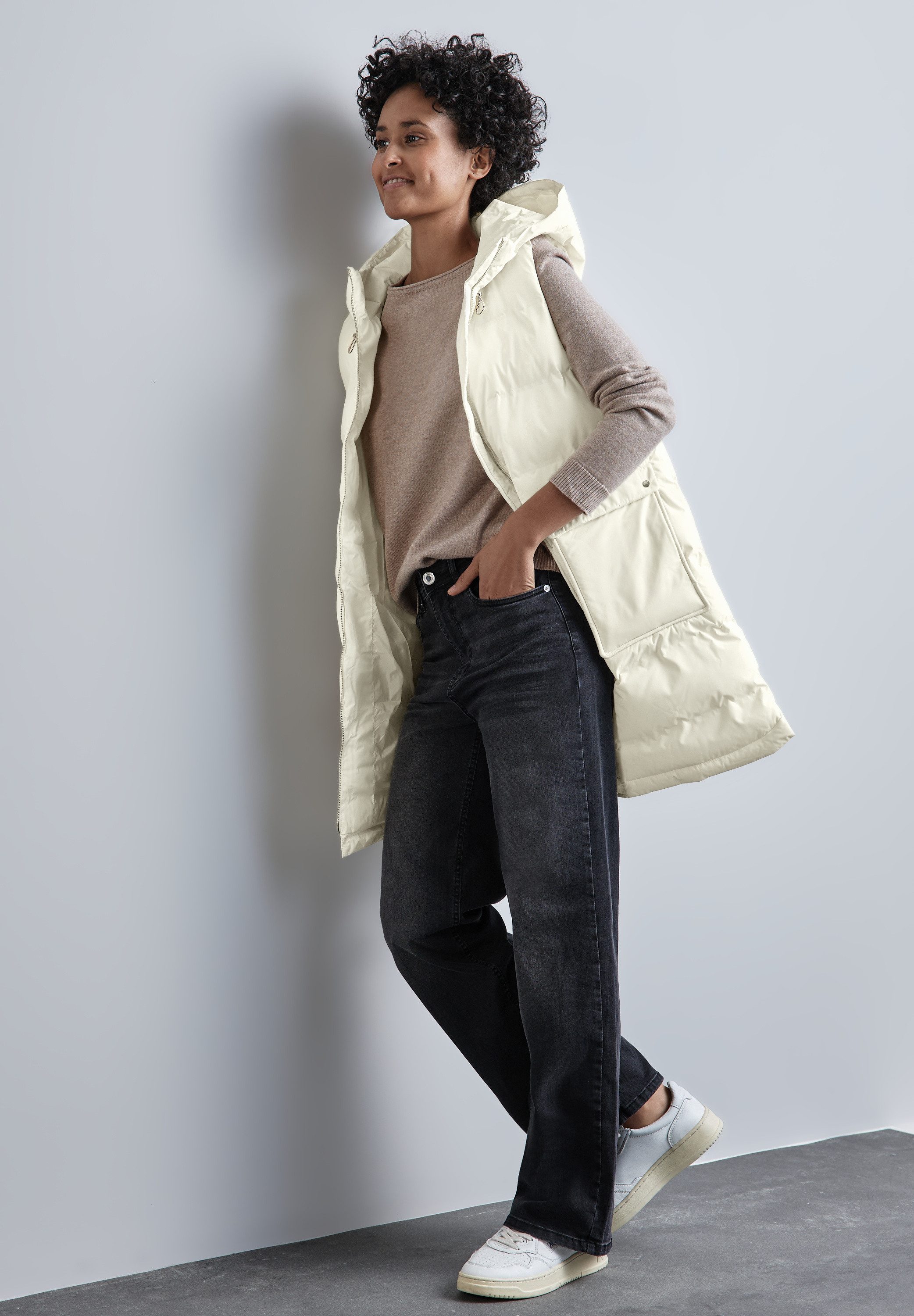 STREET ONE Lang gilet gestept en met capuchon