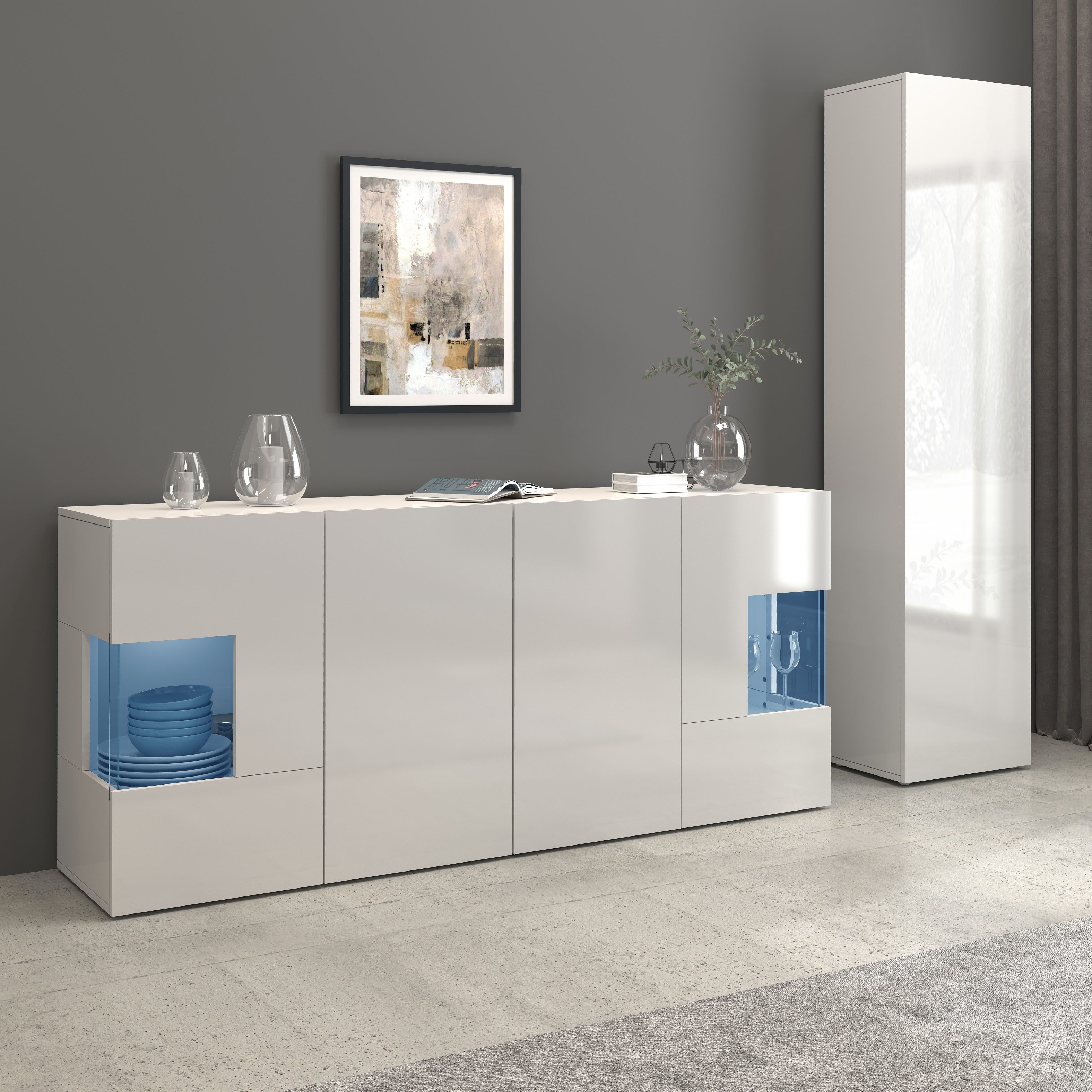 INOSIGN Dressoir Egypte, Ladekast, Kast, Buffet, Vitrine greeploos 4 deuren waarvan 2 met glas inzet, compleet hoogglans gelakt, breedte 180