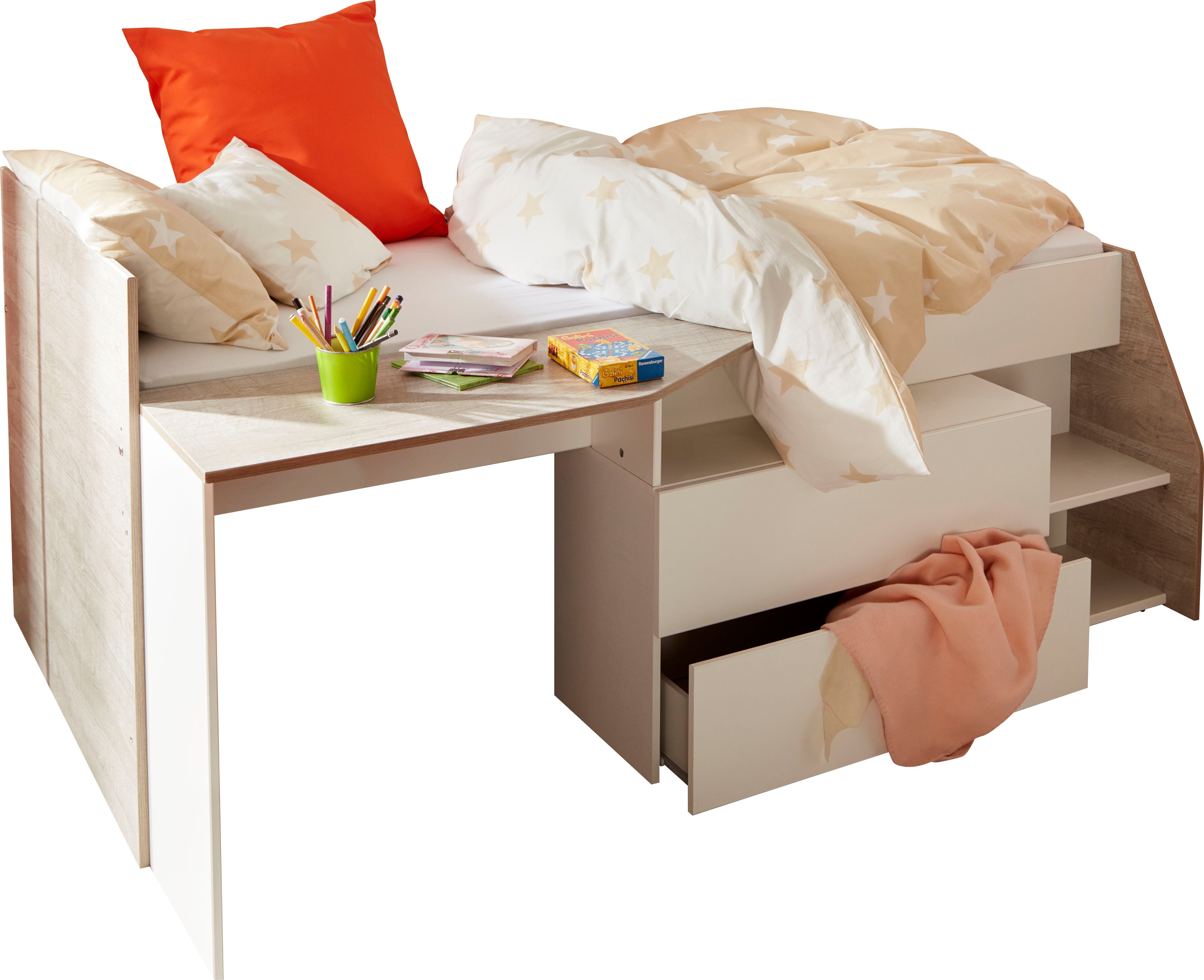Parisot Hoogslaper Milky met klein werkblad en kleine kast, extra bergruimte hoogslapers beige
