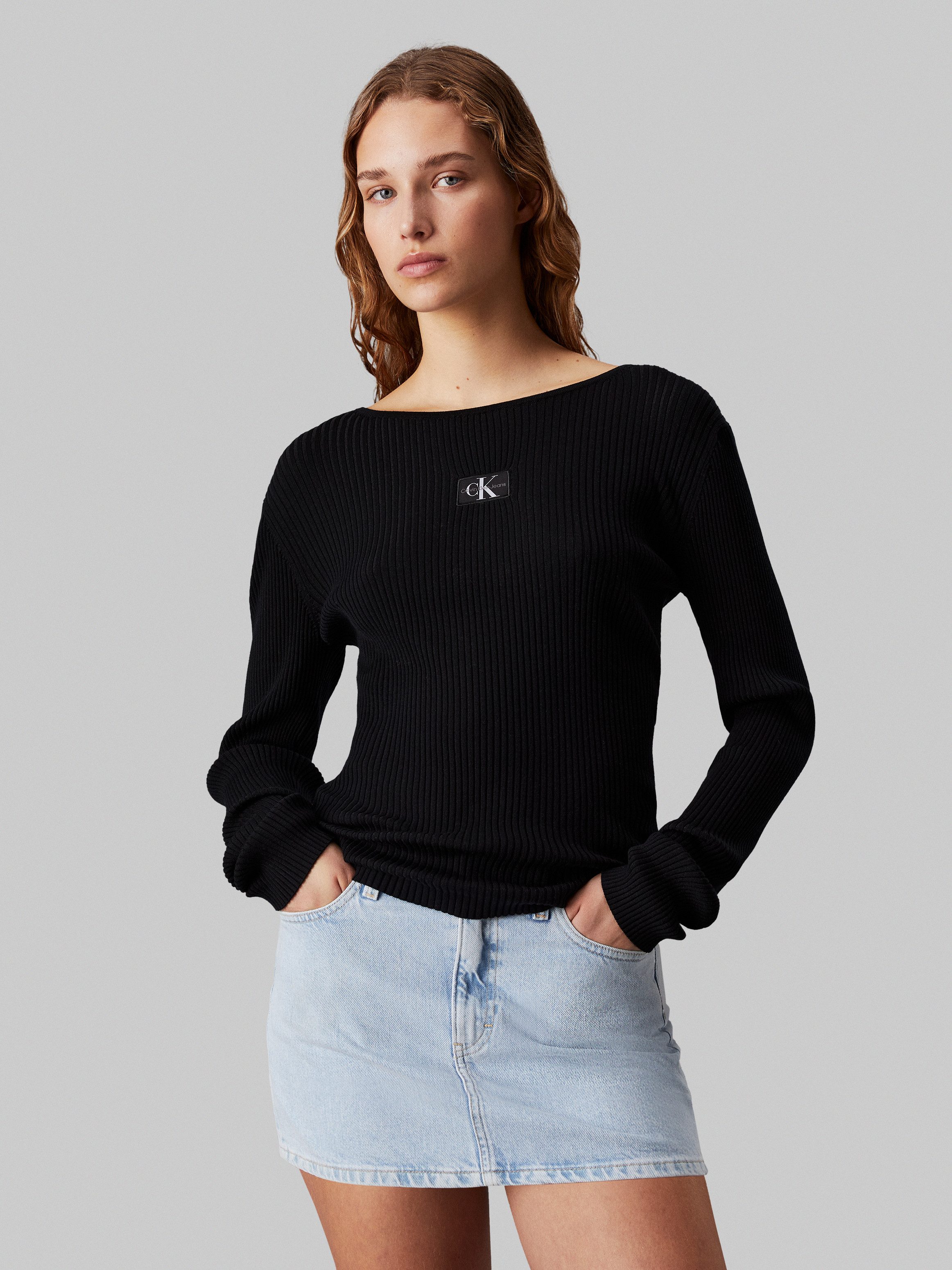 Calvin Klein Trui met ronde hals WOVEN LABEL TIGHT SWEATER