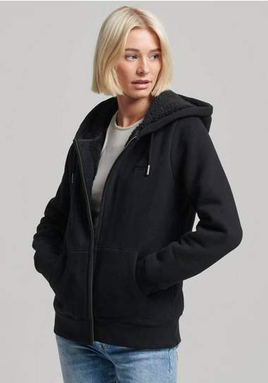 superdry hoodie essential borg lined ziphood zwart