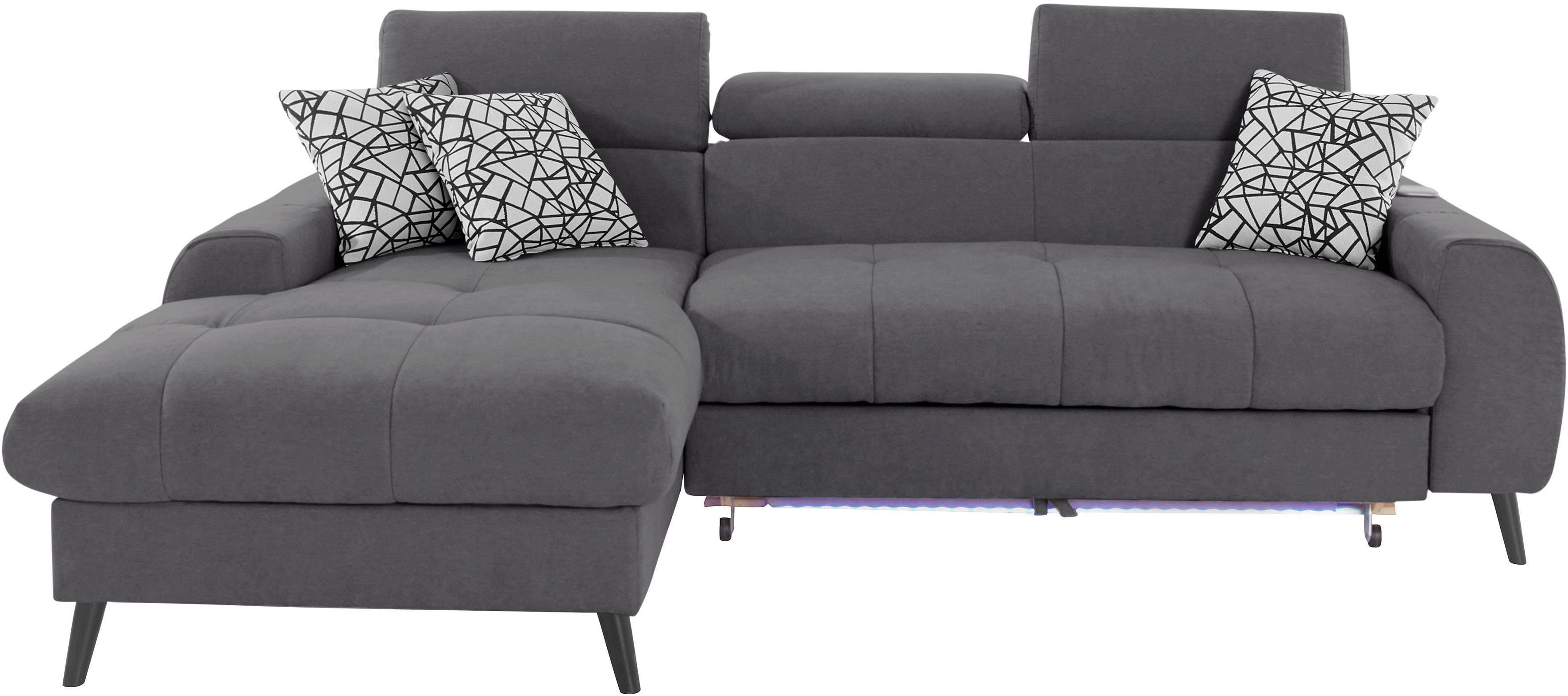 COTTA Hoekbank Mia L-vorm met 3 sierkussens keuze met bedfunctie, bedlade, verlichting & draadloze oplader