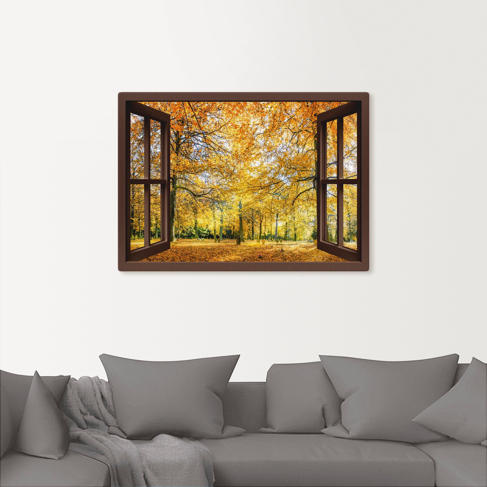 Artland Artprint Blik uit het venster - herfstbos panorama als artprint op linnen, poster, muursticker in verschillende maten