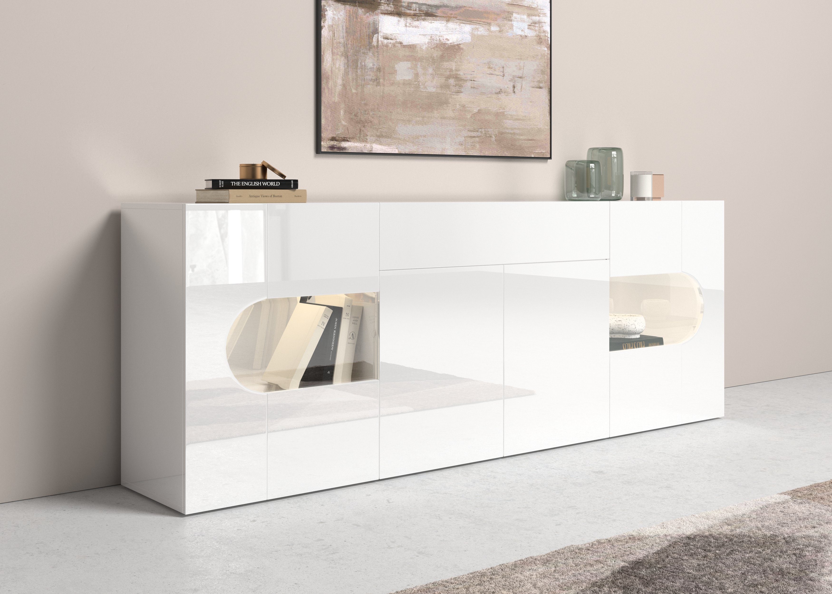 INOSIGN Dressoir Real, vitrinekast, commode, kast, volledig hoogglans gelakt met 4 deuren waarvan 2 glazen deuren en 1 lade zonder handgreep, breedte 220 cm