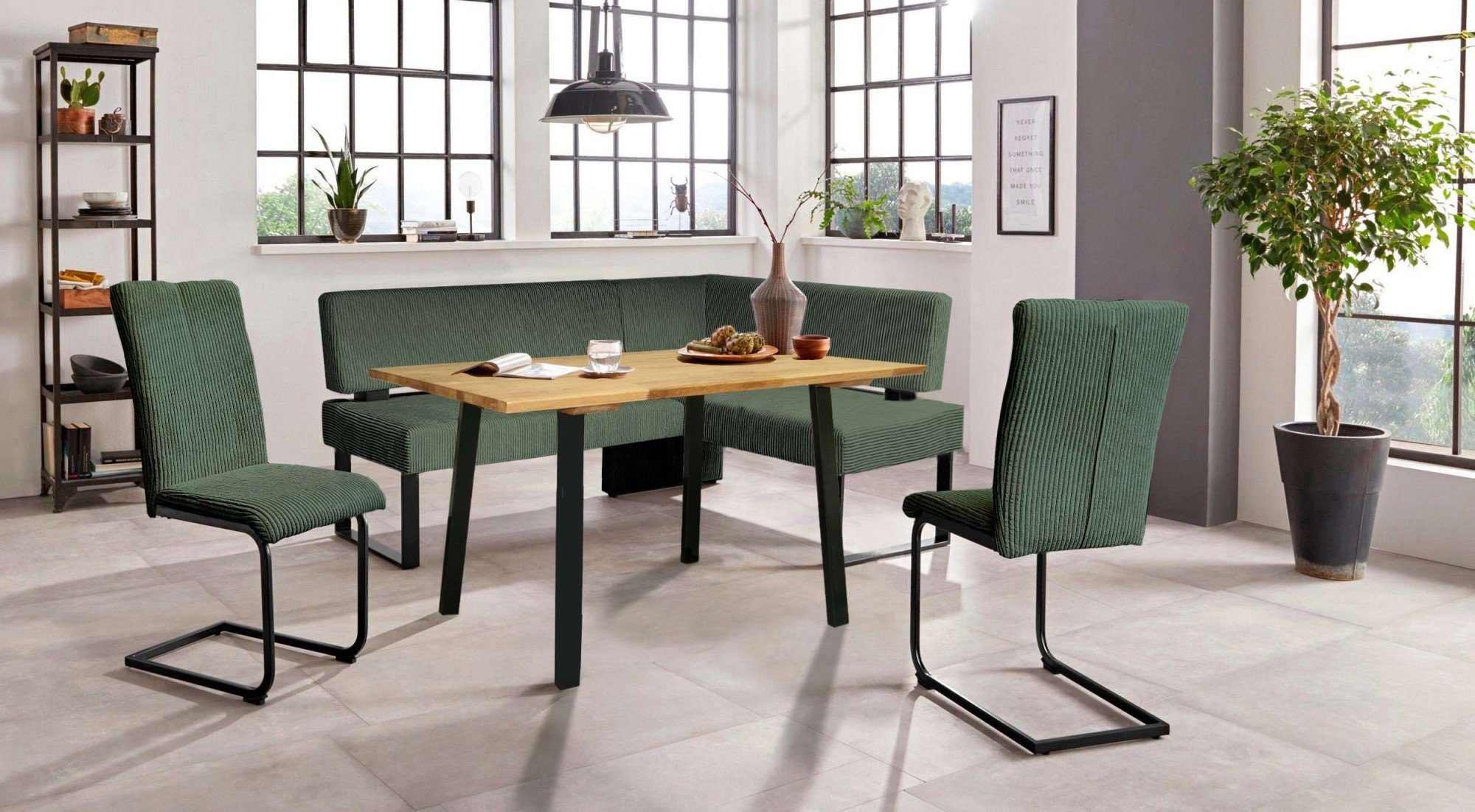Home affaire Eethoek Oliver Hoekbank met golfvering in de zitting, tafel massief eiken (set, 4-delig)
