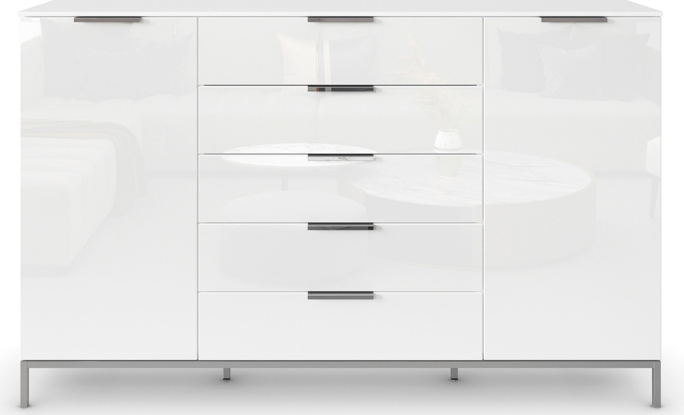 rauch Ladekast Flipp kast waskast bestseller sideboard 2-deurs met 5 laden en soft-close functie, glazen front, 2 breedtes
