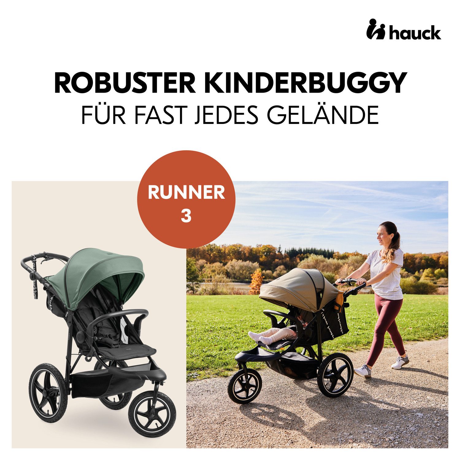 Hauck Kinderwagen met drie wielen Runner 3, Jungle Green met xxl-luchtwielen en handrem, tot 22 kg belastbaar