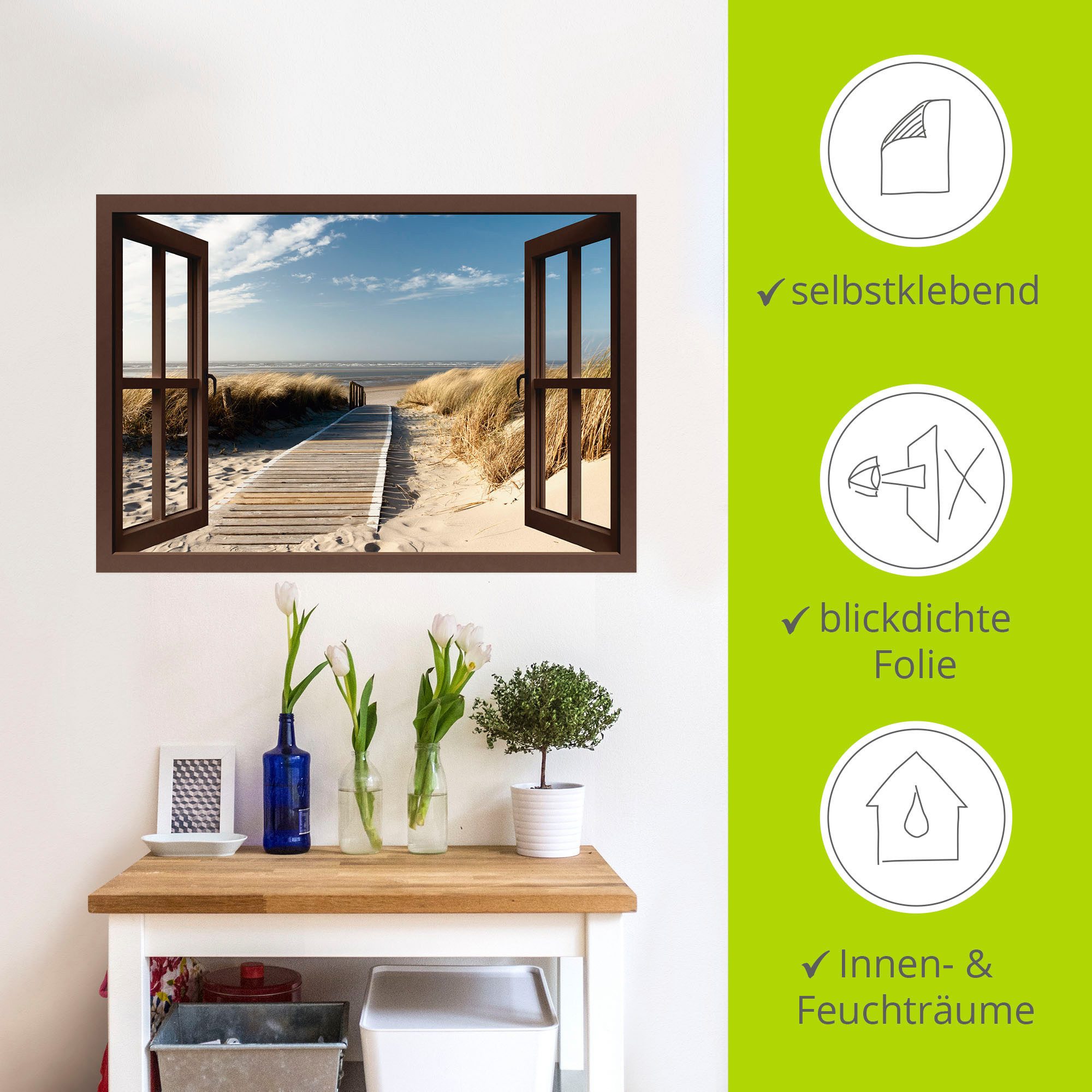 Artland Artprint Blik uit het venster Noordzeestrand op Langeoog als artprint op linnen, poster, muursticker in verschillende maten