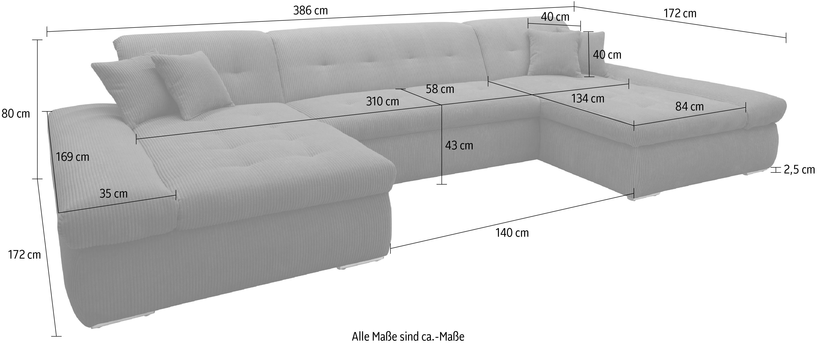 DOMO collection Zithoek Moric optioneel met slaapfunctie en armleuningsverstelling, XXL U-vorm, aan beide zijden met recamière, incl. sierkussen, cord-bekleding