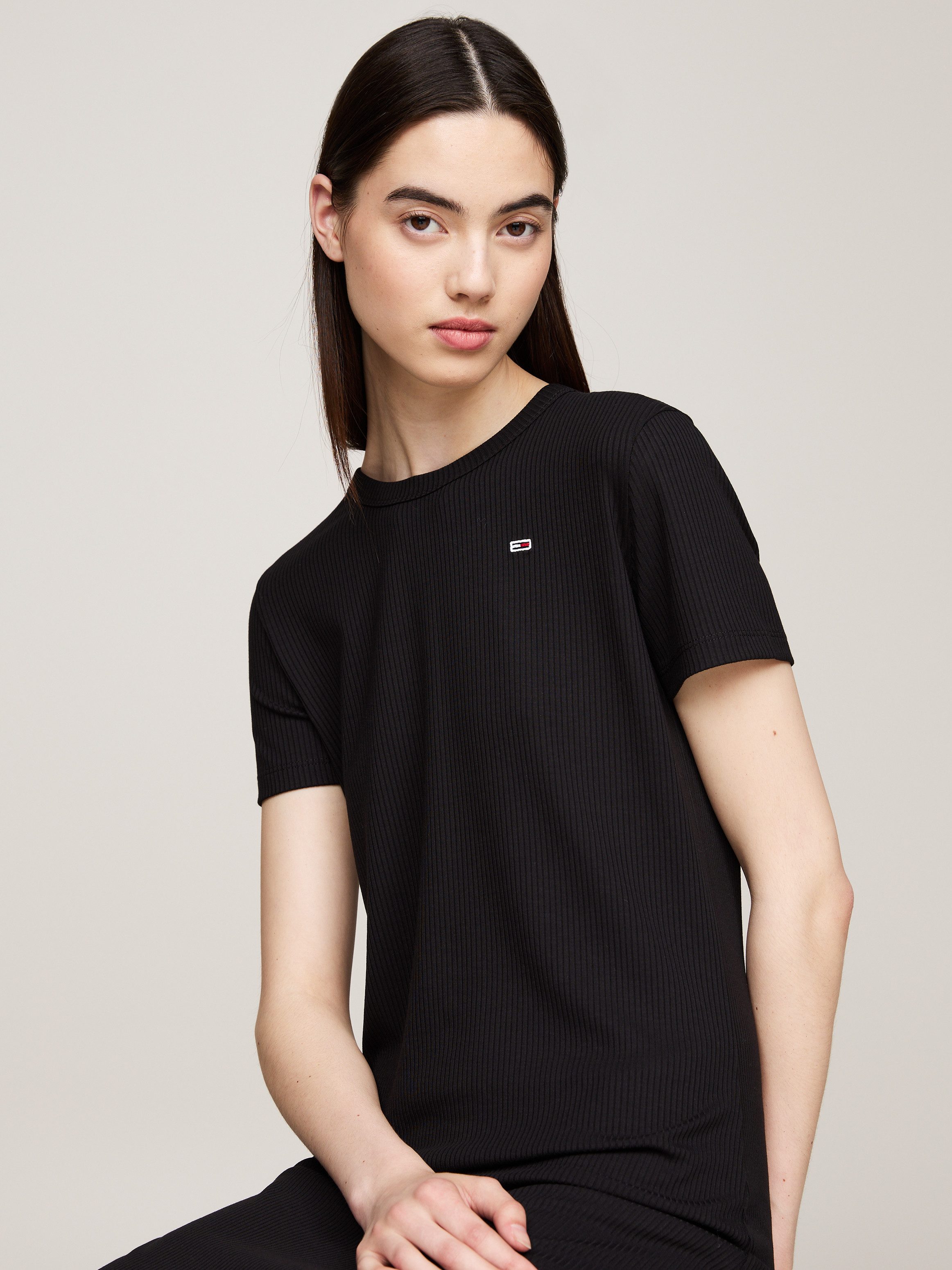 TOMMY JEANS Jerseyjurk met geribbelde structuur, logo-borduursel
