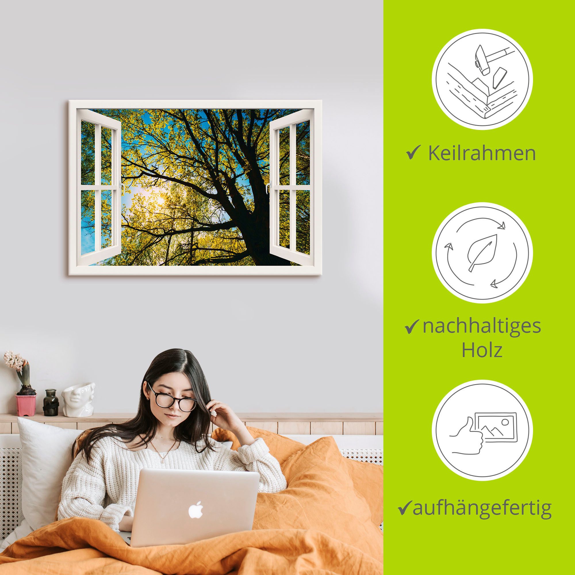 Artland Artprint Blik uit het venster lentezon boomkruin als artprint op linnen, poster in verschillende formaten maten