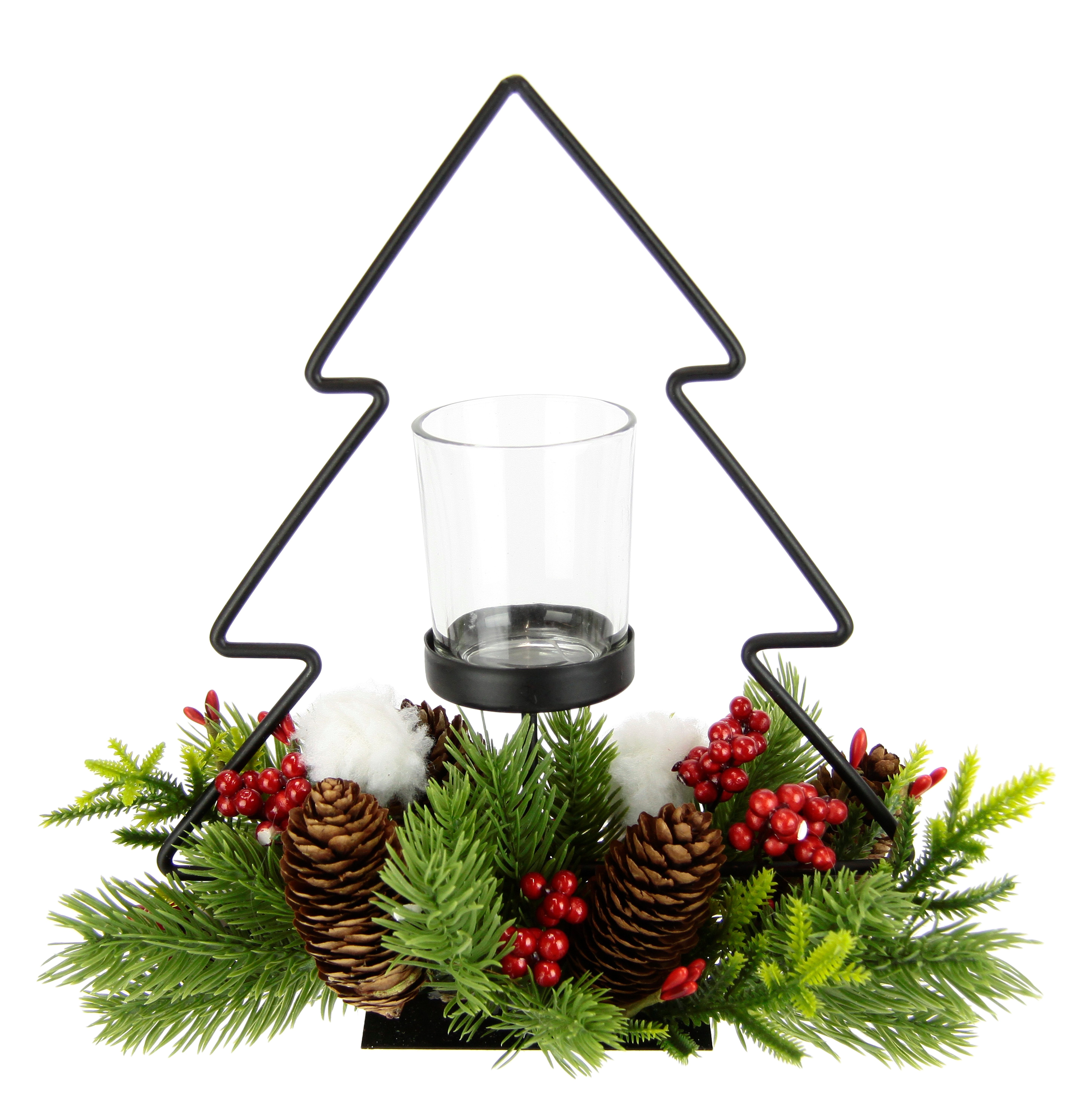 I.GE.A. Waxinelichthouder Decoratiefiguur metalen dennenboom met glazen inzet Dennetakken kegels kaarsenhouder decorlicht kerstdecoratie windlicht (1 stuk)