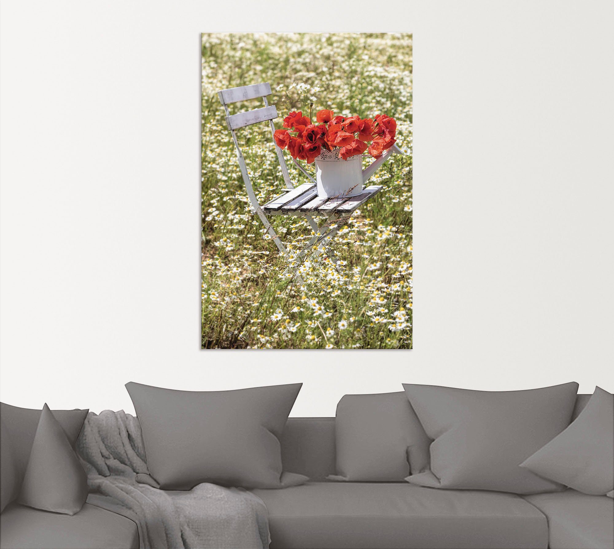 Artland Aluminium dibond print Stoel in kamilleveld met klaprozen geschikt voor binnen en buiten, buitenafbeelding
