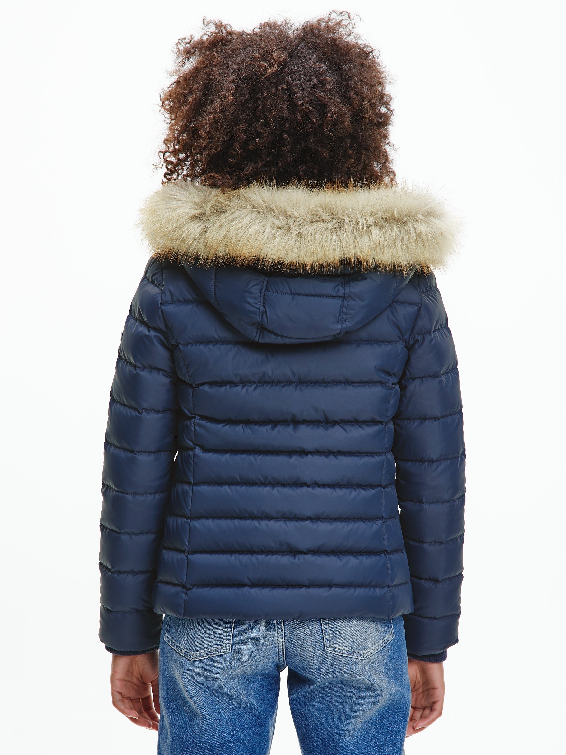 TOMMY JEANS Donsjack BASIC HOODED DOWN JACKET met imitatiebont aan de capuchon & tommy jeans-merklabel