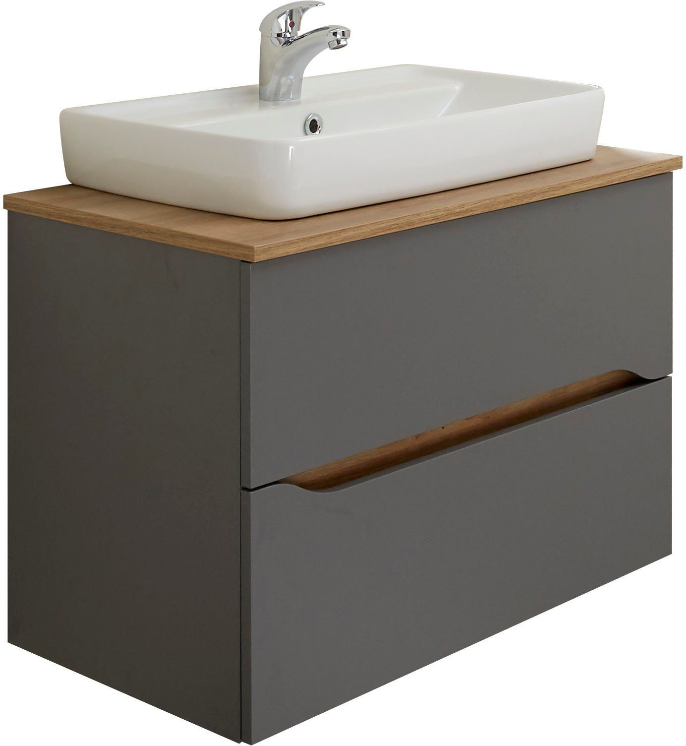 Saphir Badkamerserie Quickset 2-delig, keramieken opzetwasbak met led-spiegel Wastafelmeubel 73 cm breed, inclusief deurdemper, 2 laden (4-delig)