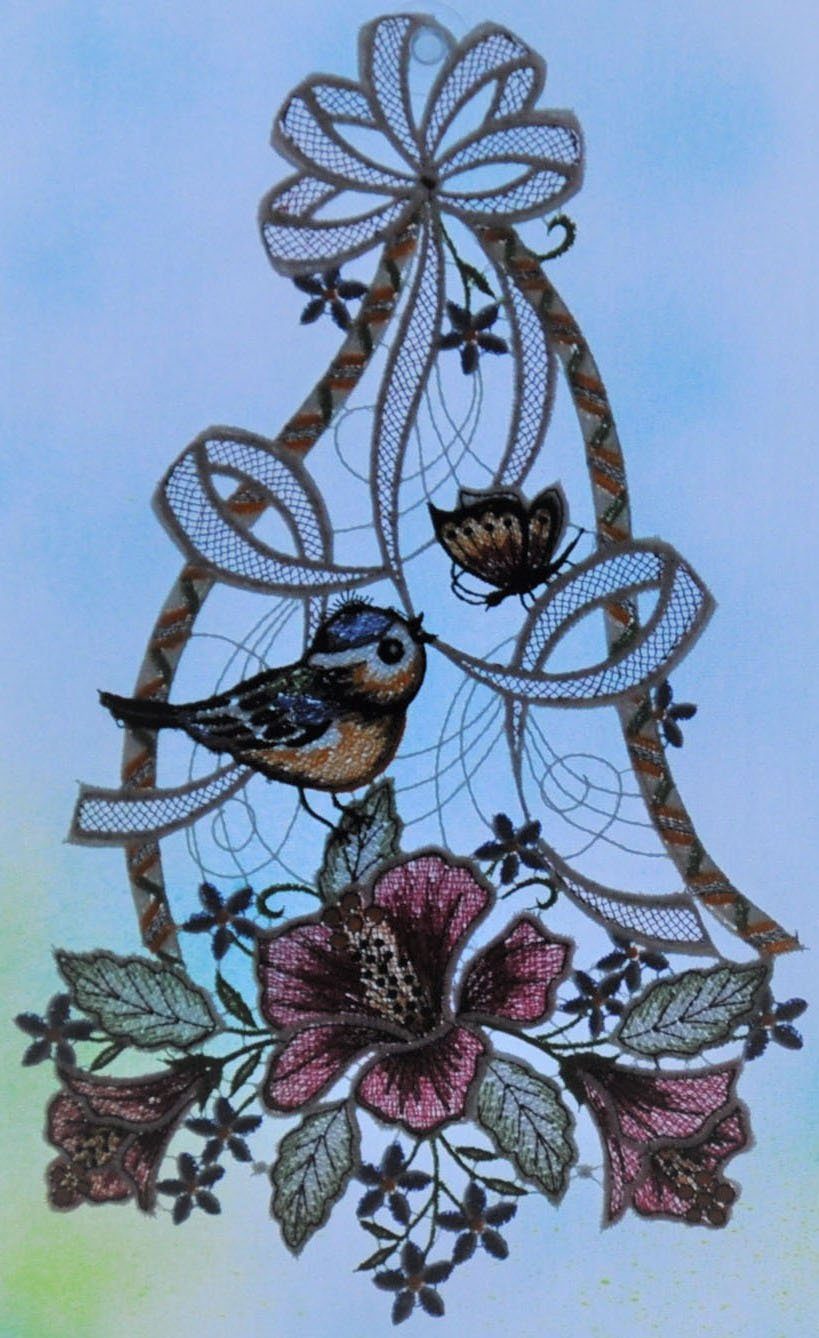 Stickereien Plauen Raamdecoratie Vogel met hibiscus (1 stuk)