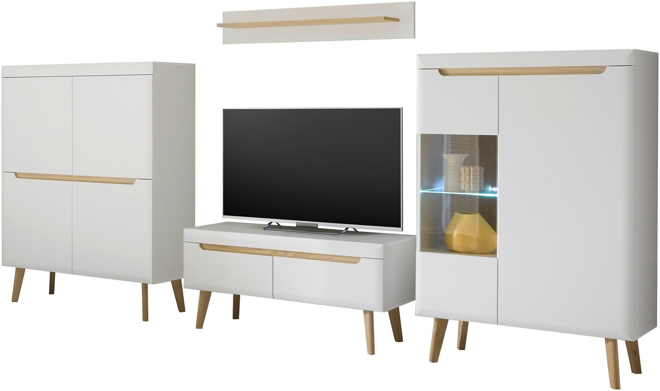 INOSIGN Wandmeubel Torge, wandmeubel, kastwand, mediawand, woonkamer-set bevat 1 vitrine, 1 lowboard, 1 highboard + 1 wandplank, 344 cm breed (set, 4-delig)