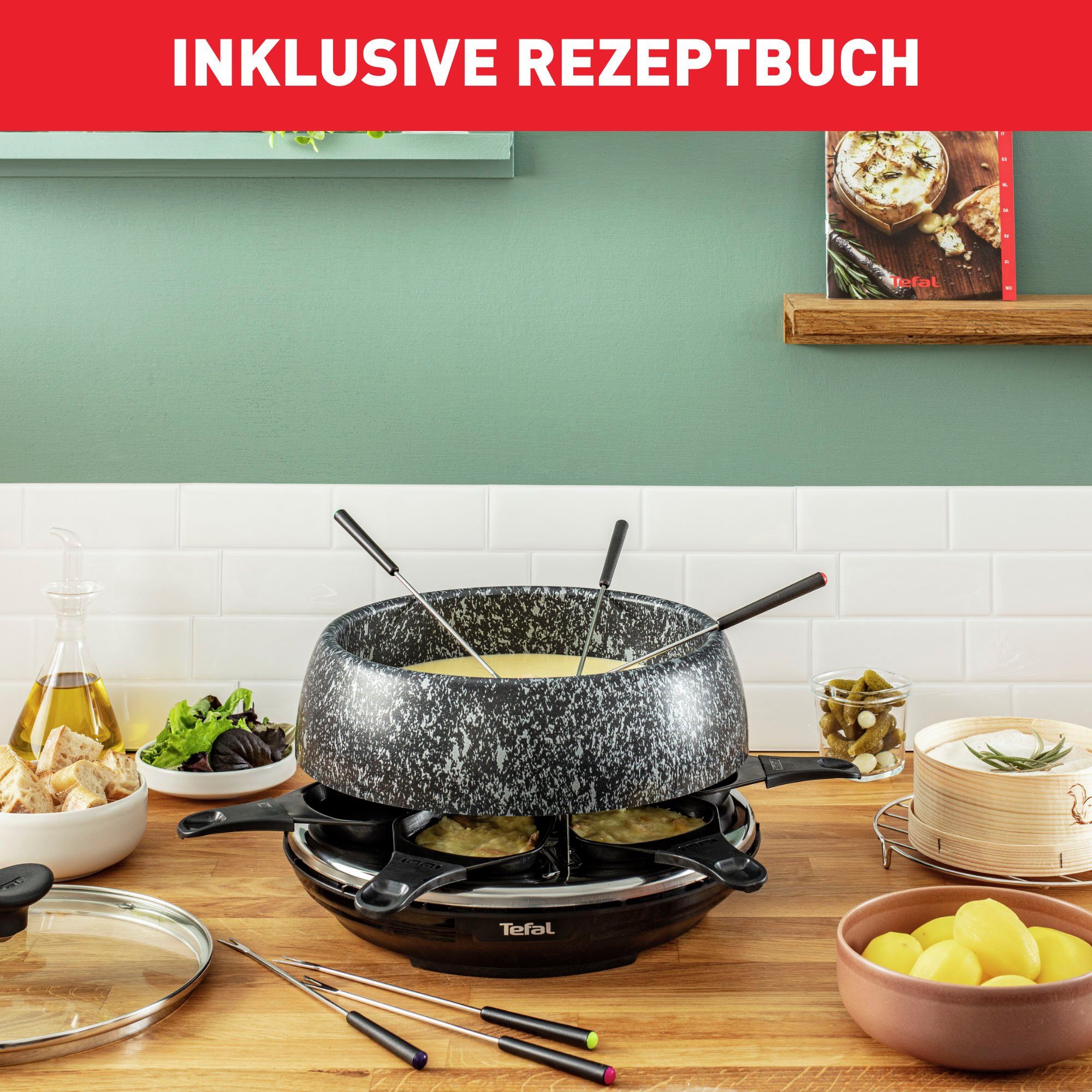 Tefal Raclette en fondueset Cheese 'n Co, 6 raclettepannetjes, 850 W, voor 6 personen,