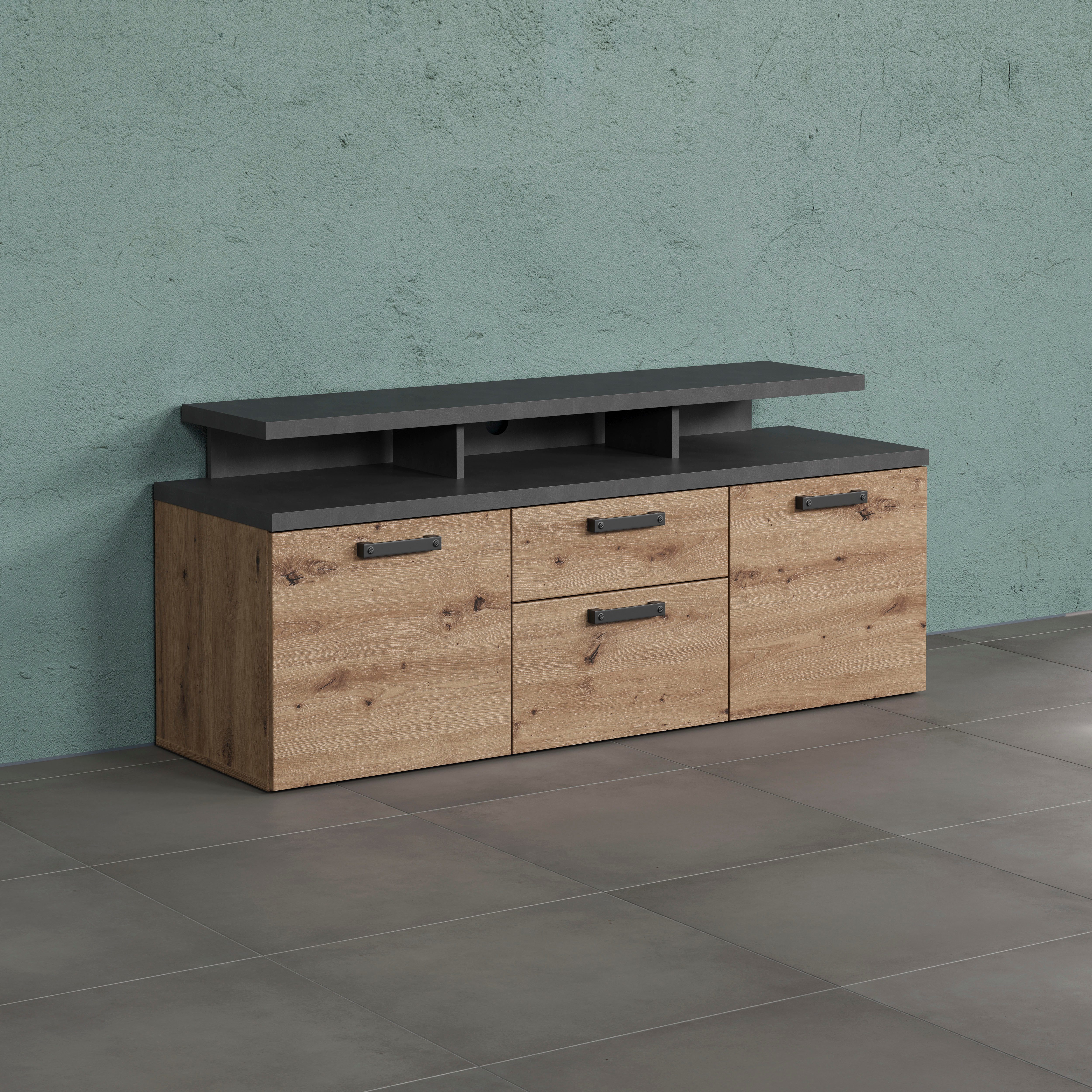 Home affaire Tv-kast Ambres Lowboard inclusief opzetstuk in eik/grijs - Met volledige uittrekfunctie (1 stuk) lowboards maat 151 cm x 66 cm x 47 cm