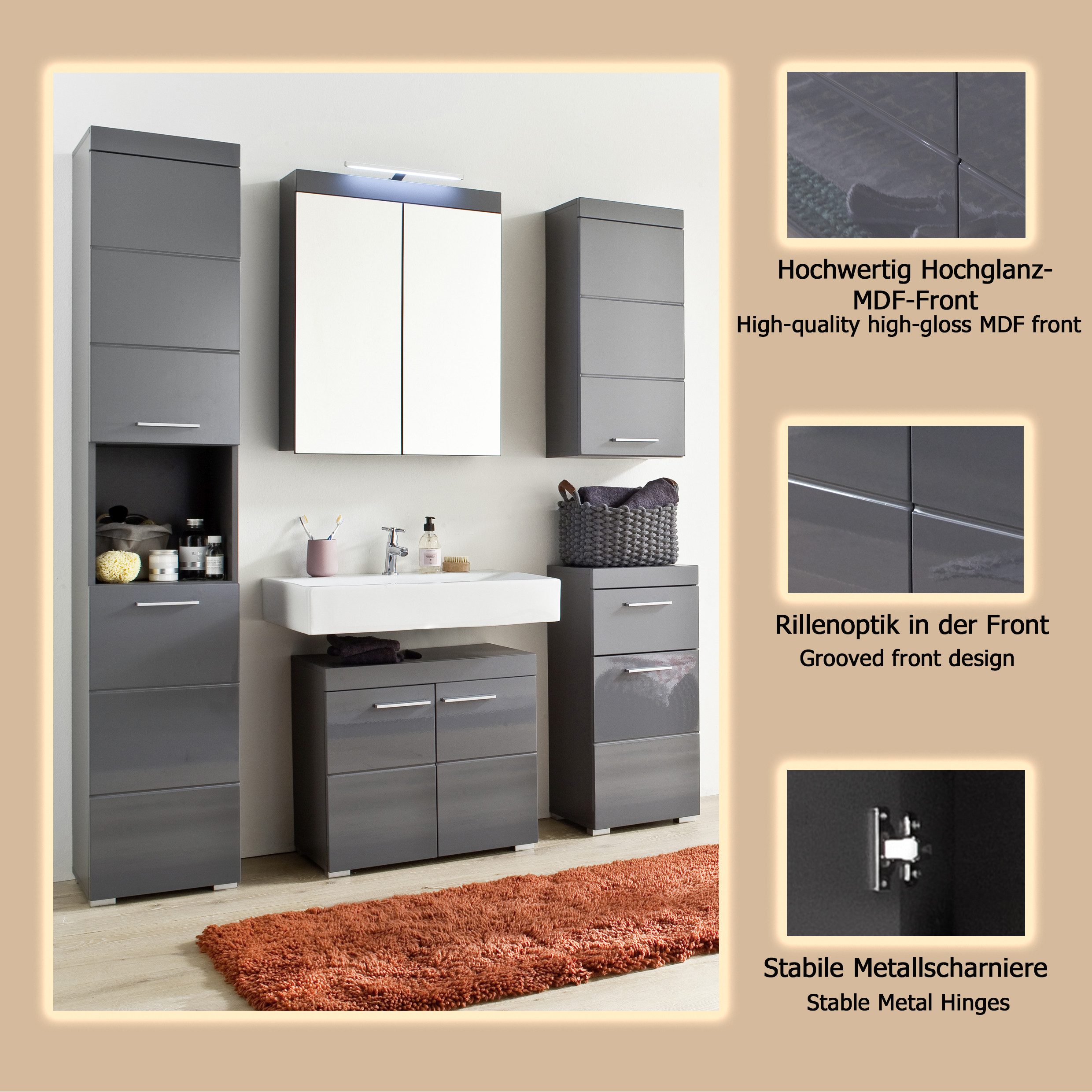 welltime Badkamerserie Avena Hoge kast, WBU, spiegelkast, commode, hangkast u. verlichting (set, 5-delig)