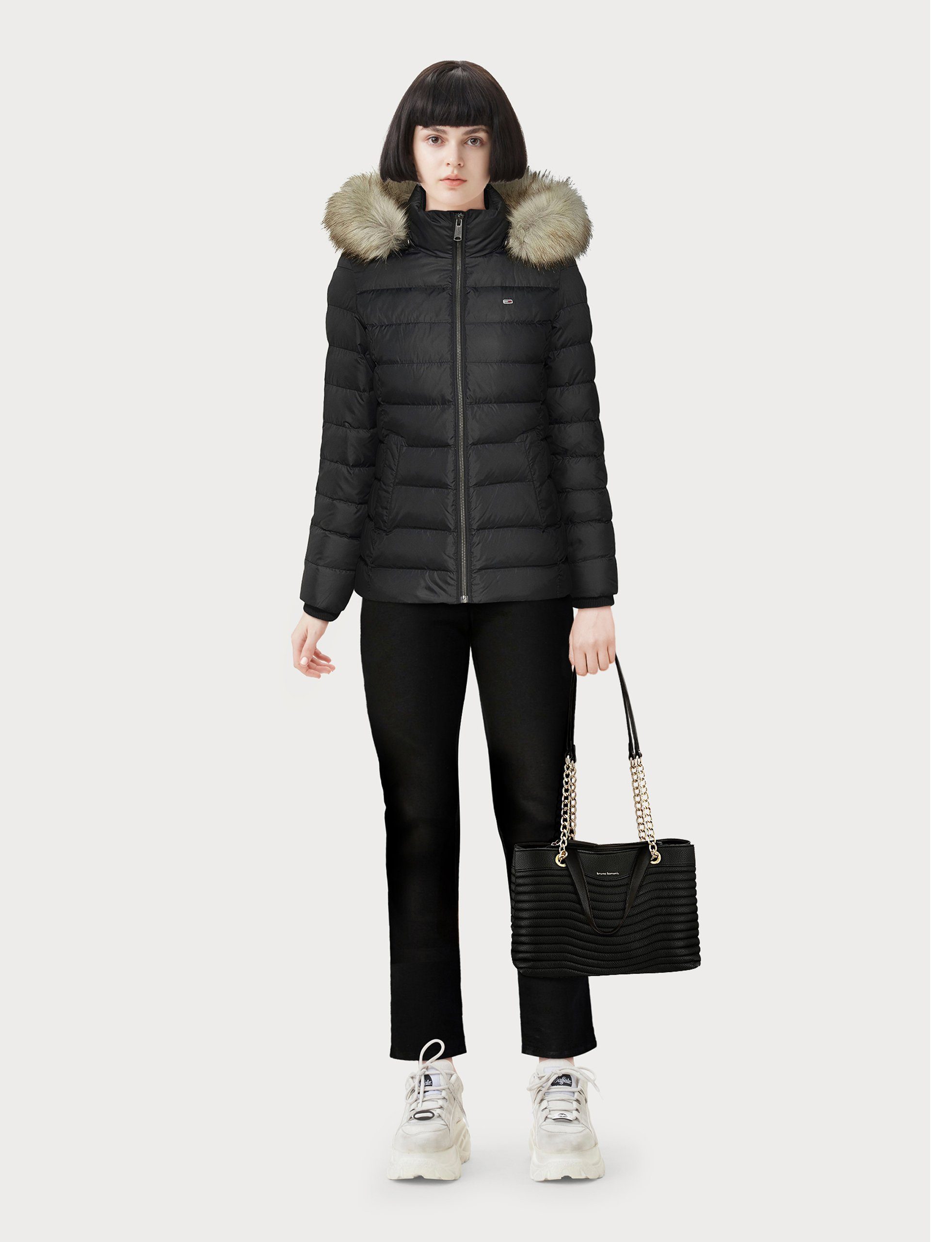 TOMMY JEANS Donsjack BASIC HOODED DOWN JACKET met imitatiebont aan de capuchon & tommy jeans-merklabel
