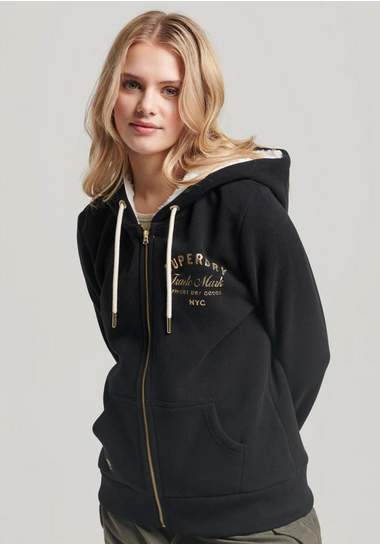 superdry hoodie luxe metallic logo ziphood zwart