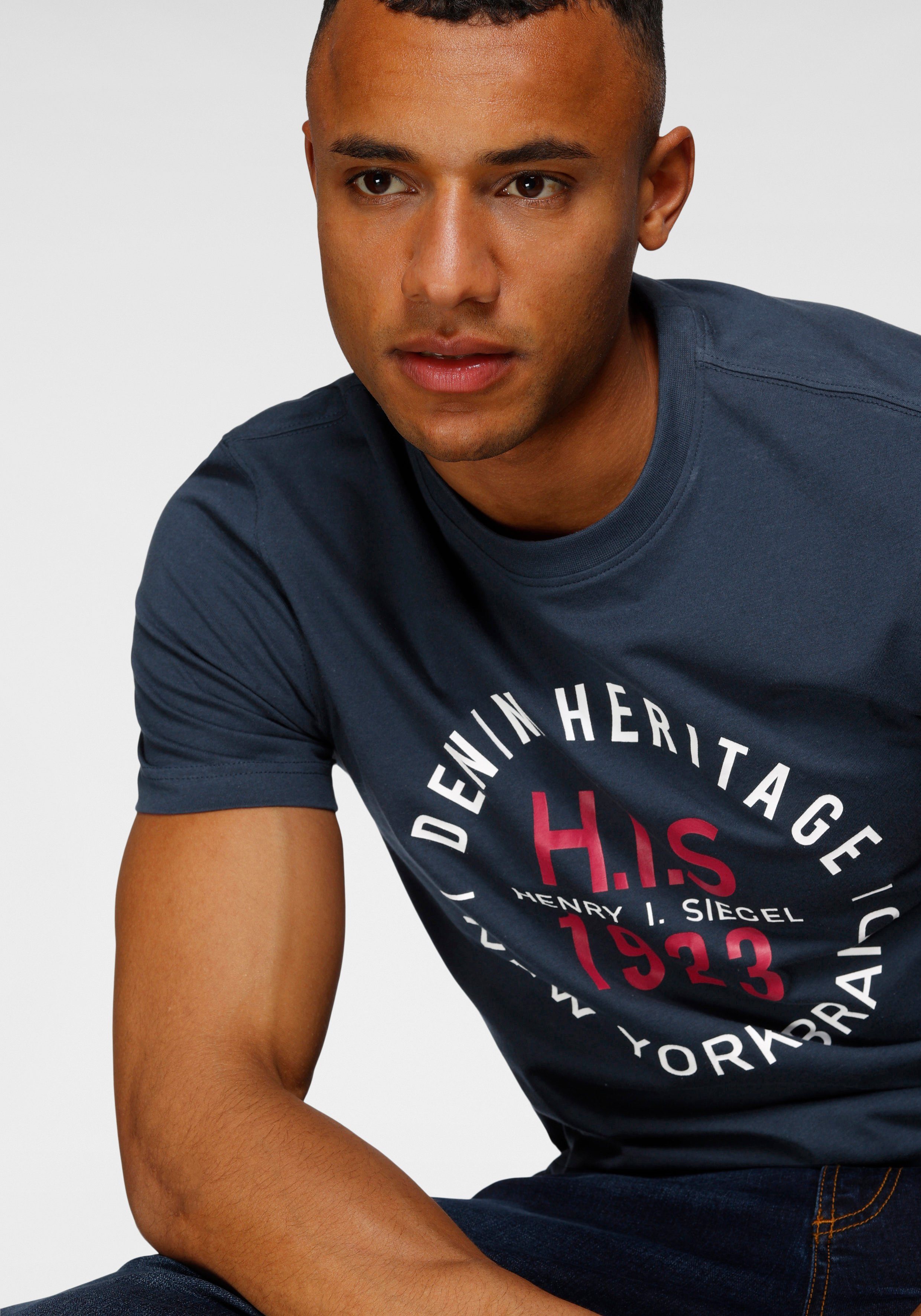 H.I.S Shirt met ronde hals Korte mouwen, smalle pasvorm, met print, ronde hals, van katoen
