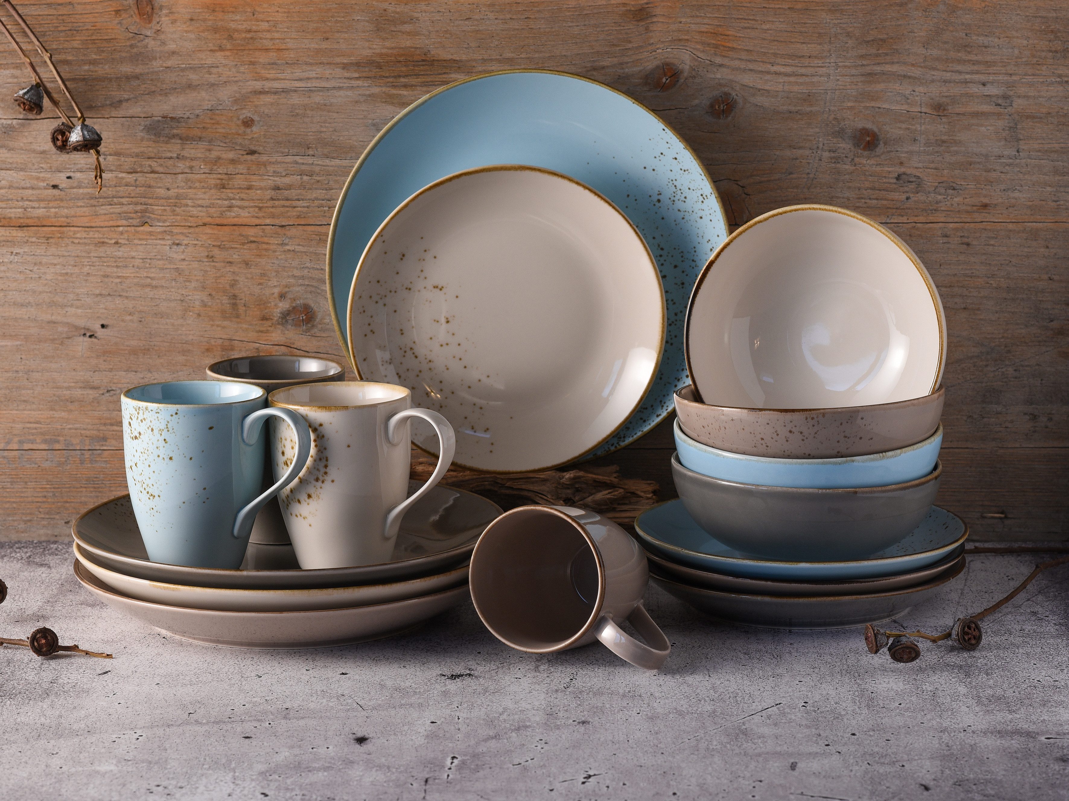 CreaTable Combi-servies Servies-set NATURE COLLECTION Scandic Servies, ecru en gespikkeld, 16 delen, voor 4 personen (set, 16-delig)